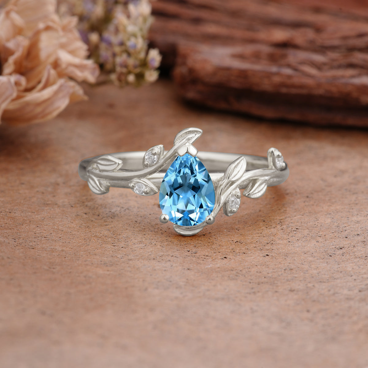 Vintage Leaf Design Pear Shaped Aquamarine Engagement Ring - Additional view