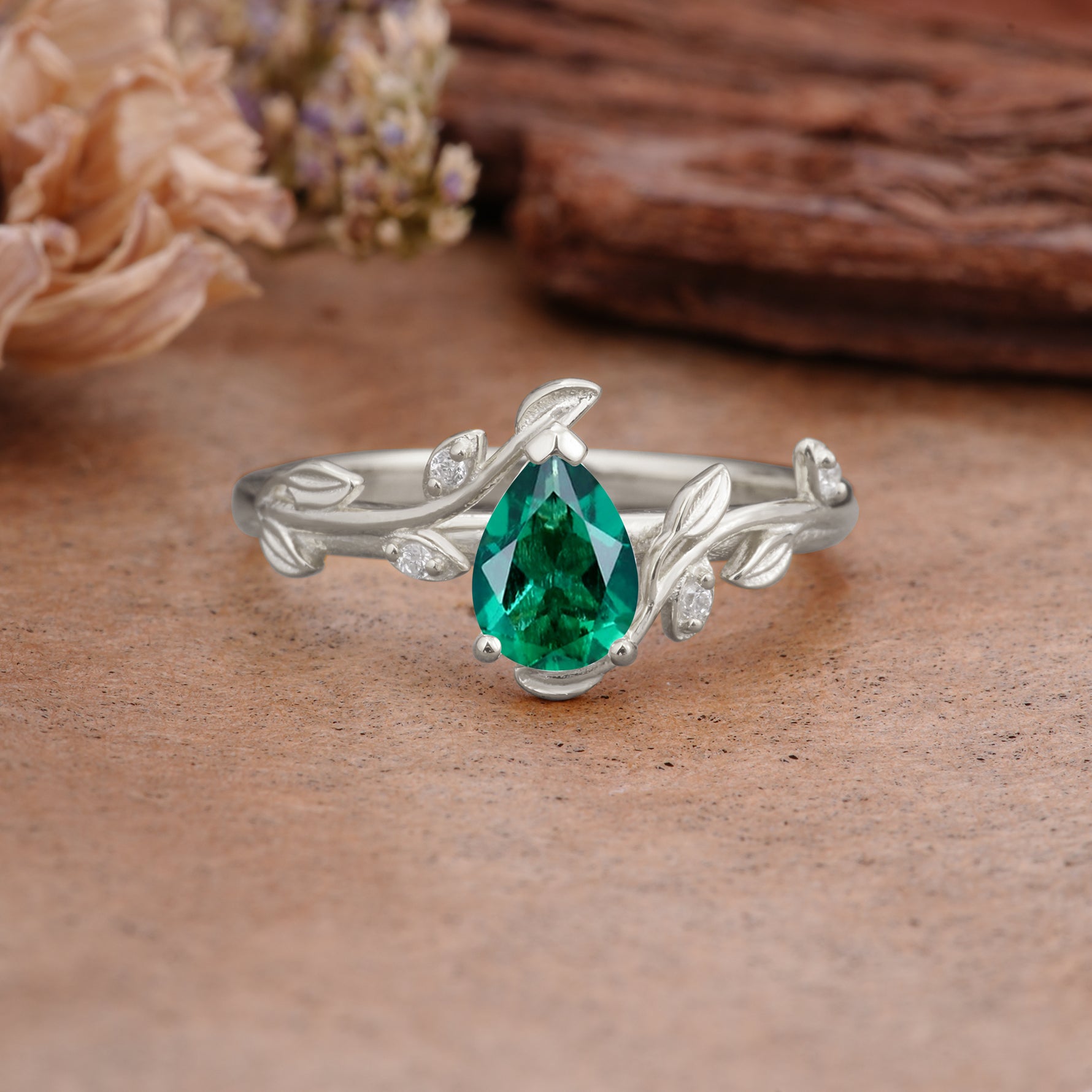 Vintage Leaf Design Pear Shaped Emerald Engagement Ring - Additional view