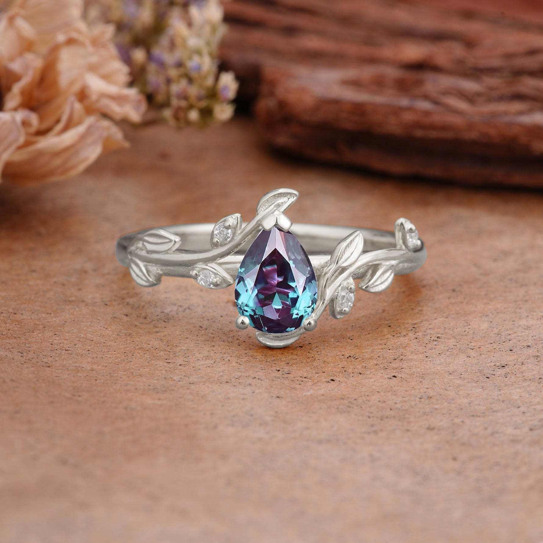 Vintage Leaf Design Pear Shaped Alexandrite Engagement Ring - Additional view