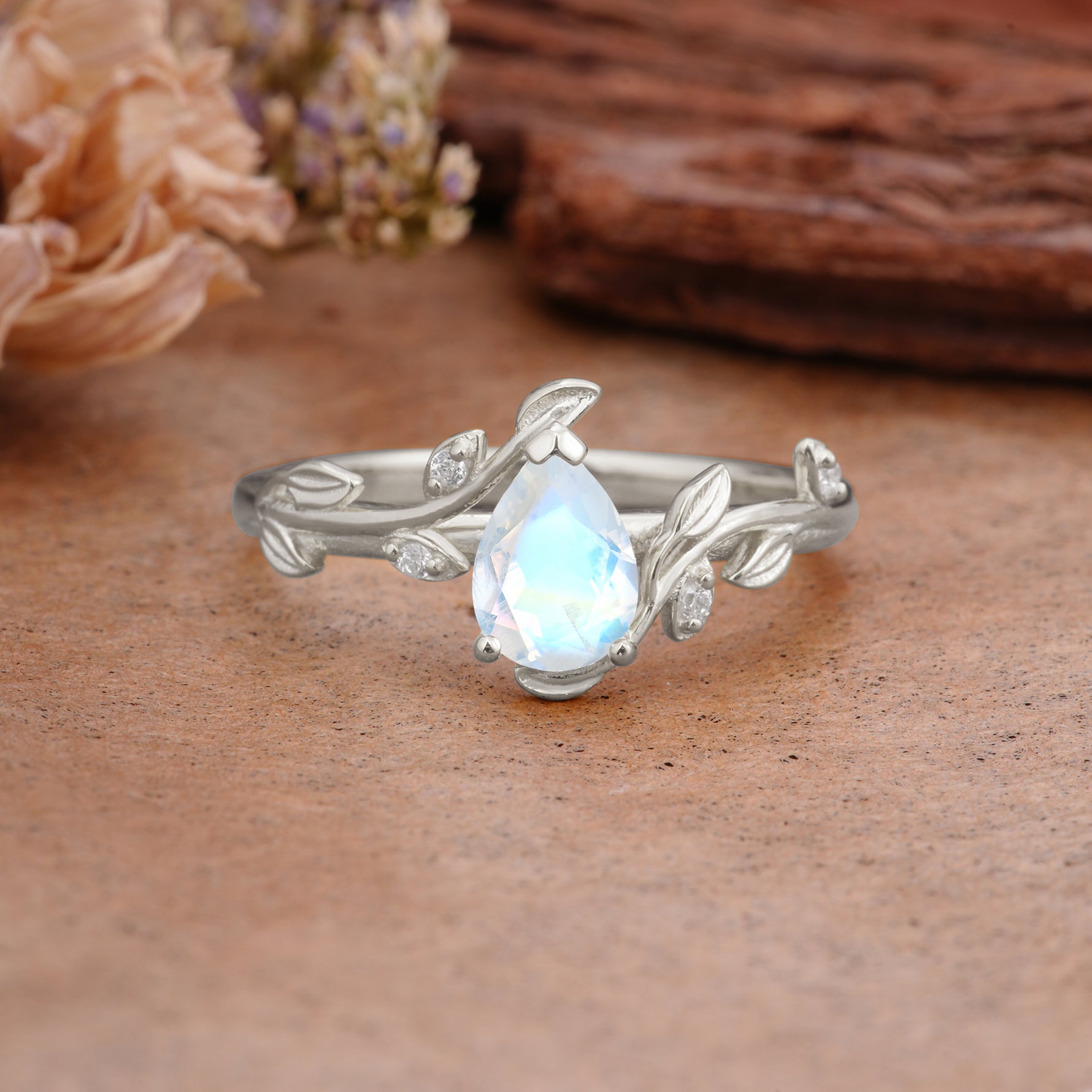 Vintage Leaf Design Pear Shaped Moonstone Engagement Ring - Additional view