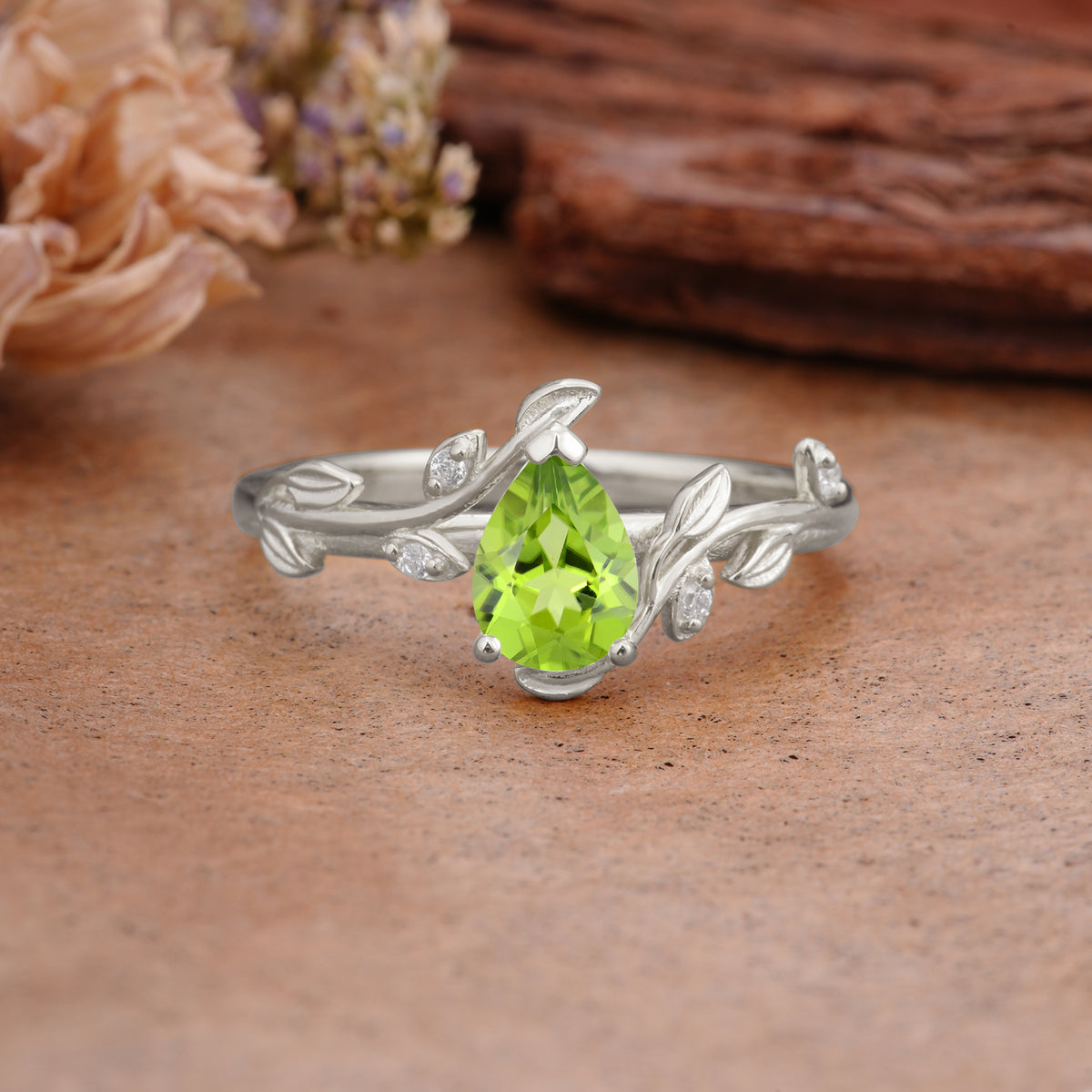 Vintage Leaf Design Pear Shaped Peridot Engagement Ring - Additional view