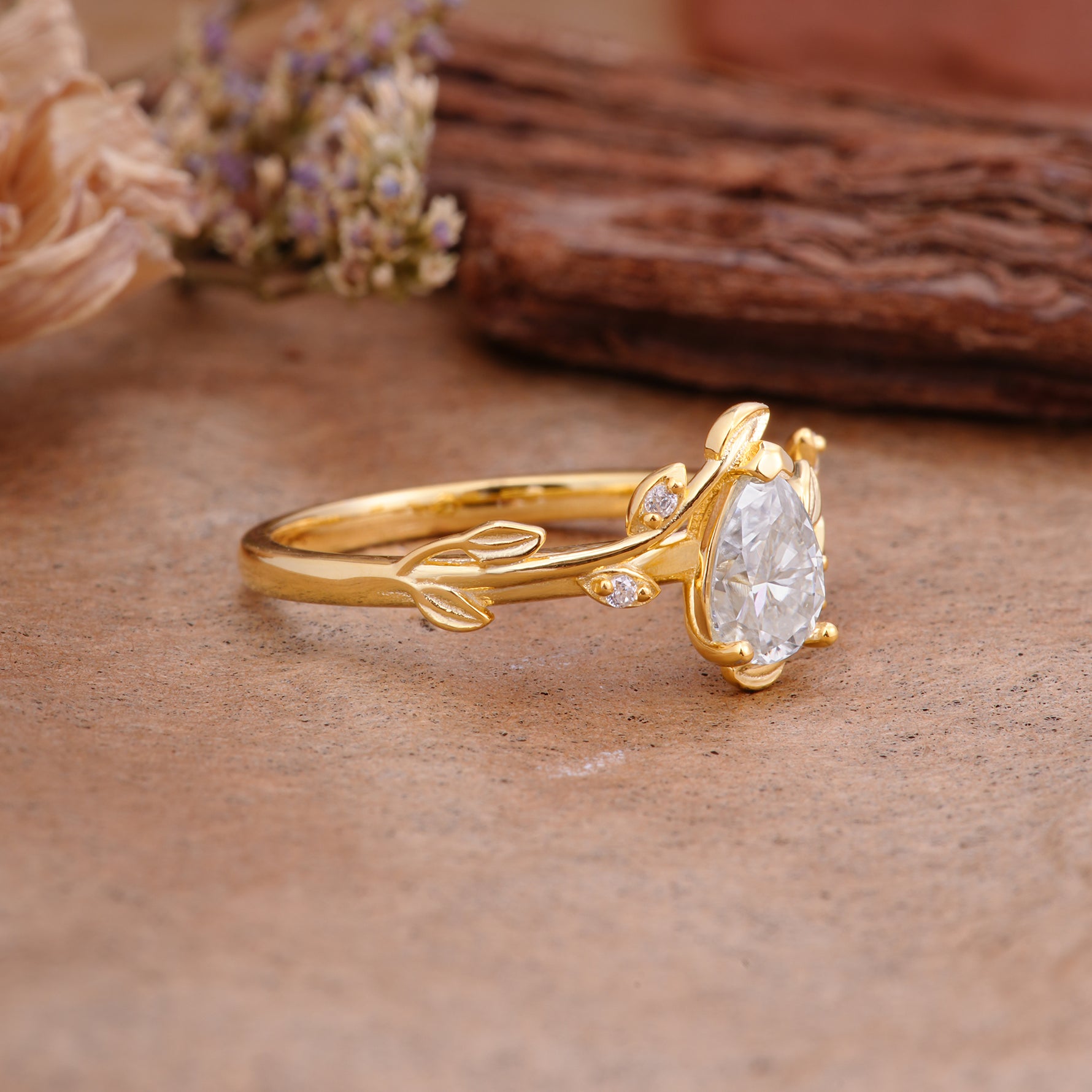 Vintage Leaf Design Pear Shaped Moissanite Engagement Ring - Additional view