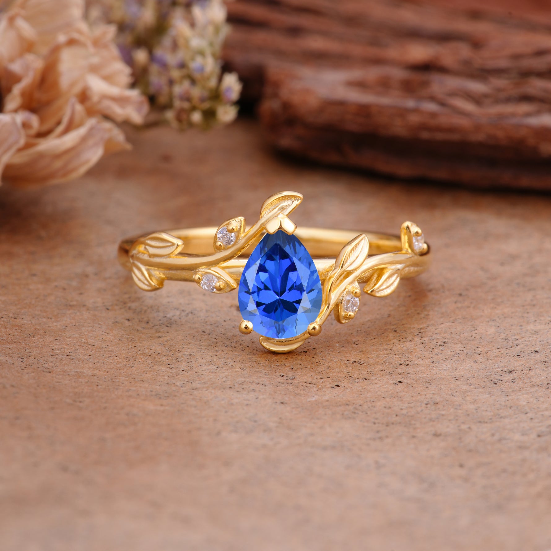 Vintage Leaf Design Pear Shaped Sapphire Engagement Ring - Additional view