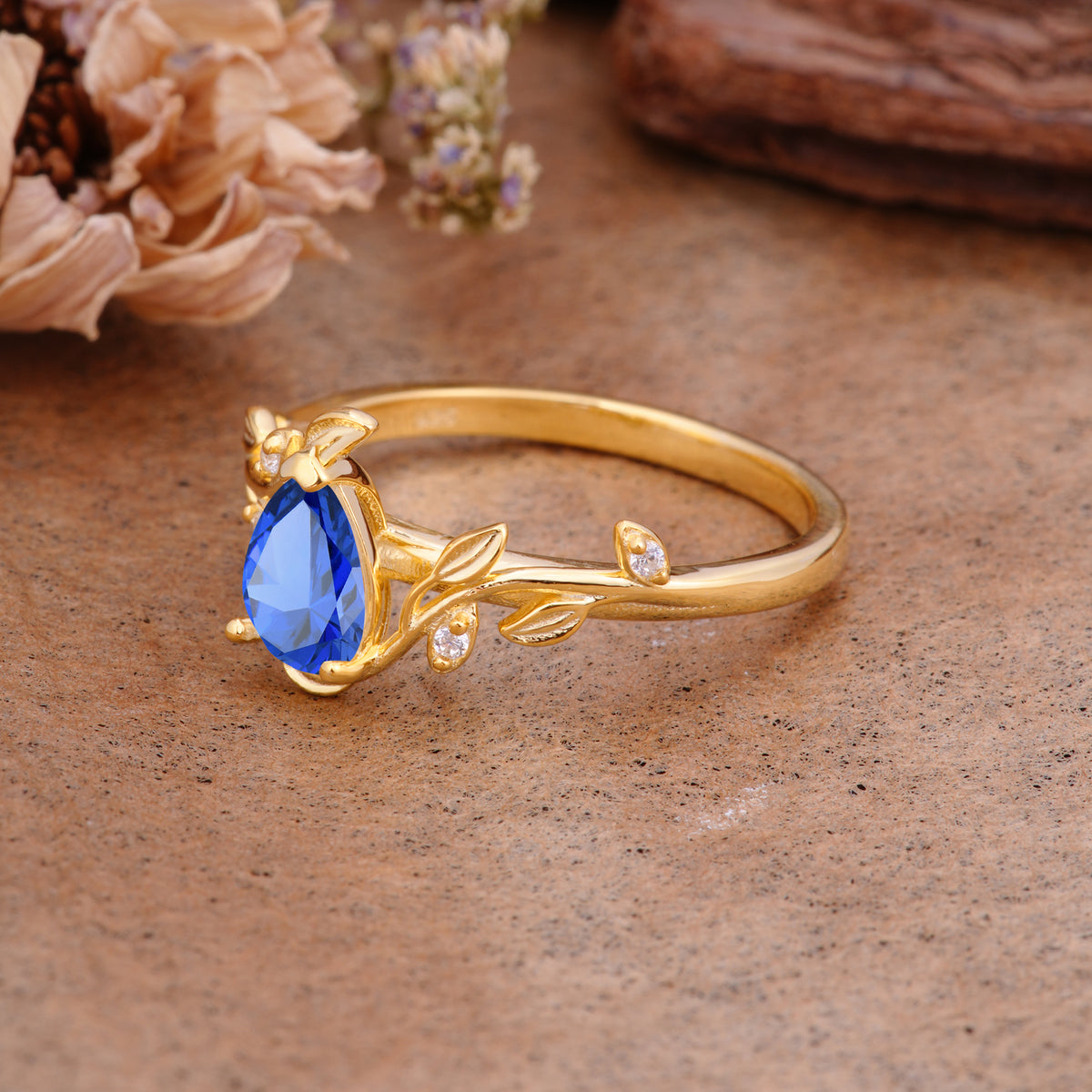 Vintage Leaf Design Pear Shaped Sapphire Engagement Ring - Additional view