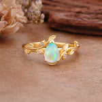 Vintage Leaf Design Pear Shaped Fire Opal Engagement Ring - Additional view