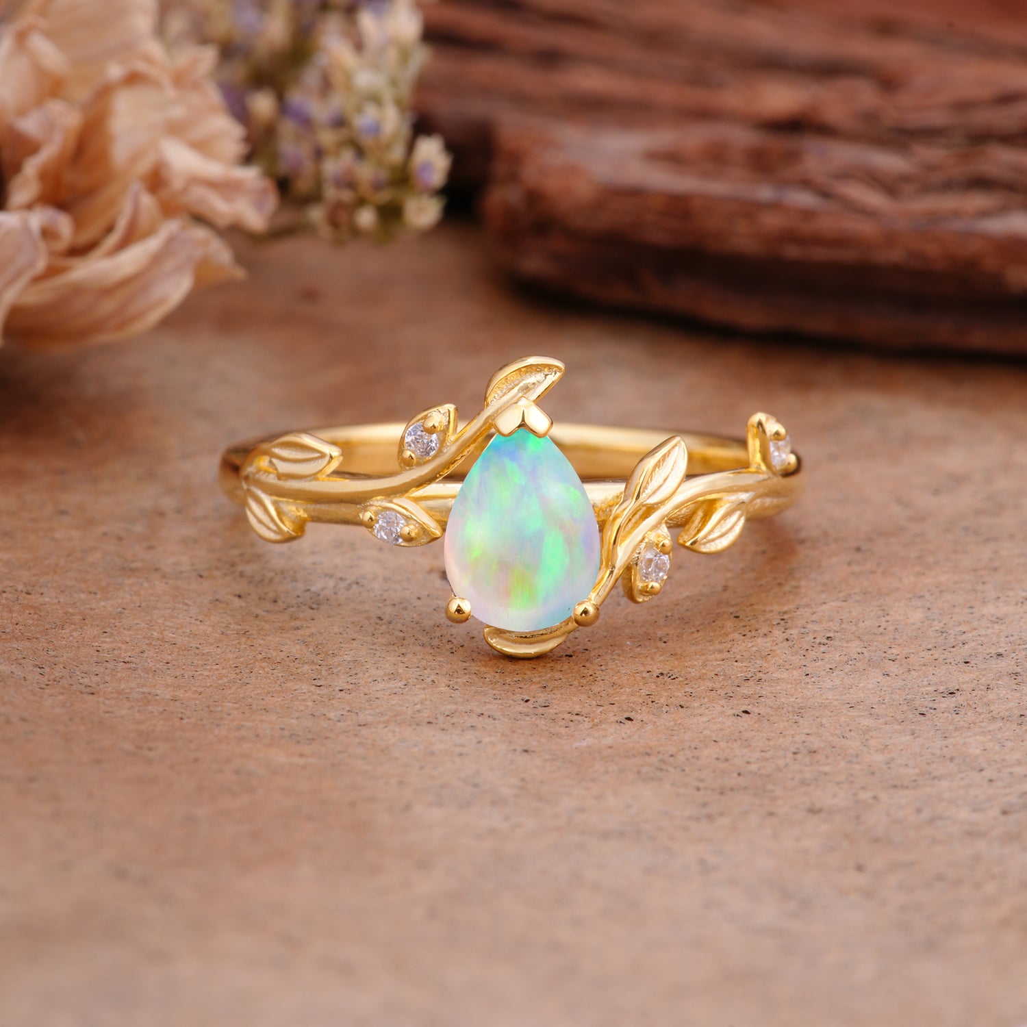 Vintage Leaf Design Pear Shaped Fire Opal Engagement Ring - Additional view
