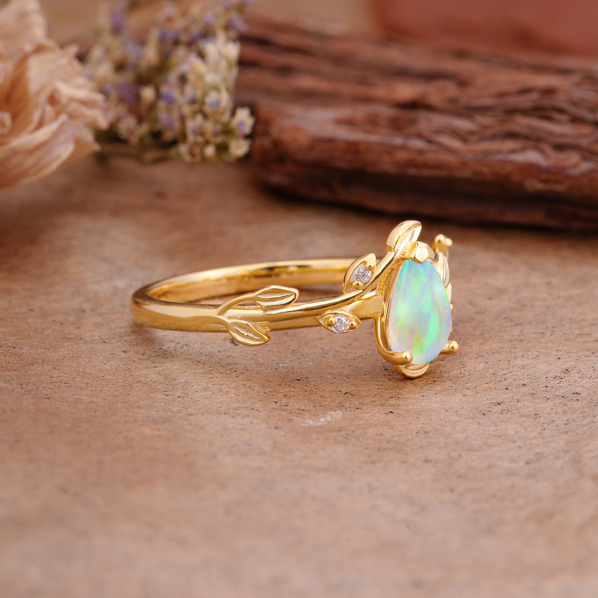 Vintage Leaf Design Pear Shaped Fire Opal Engagement Ring - Additional view