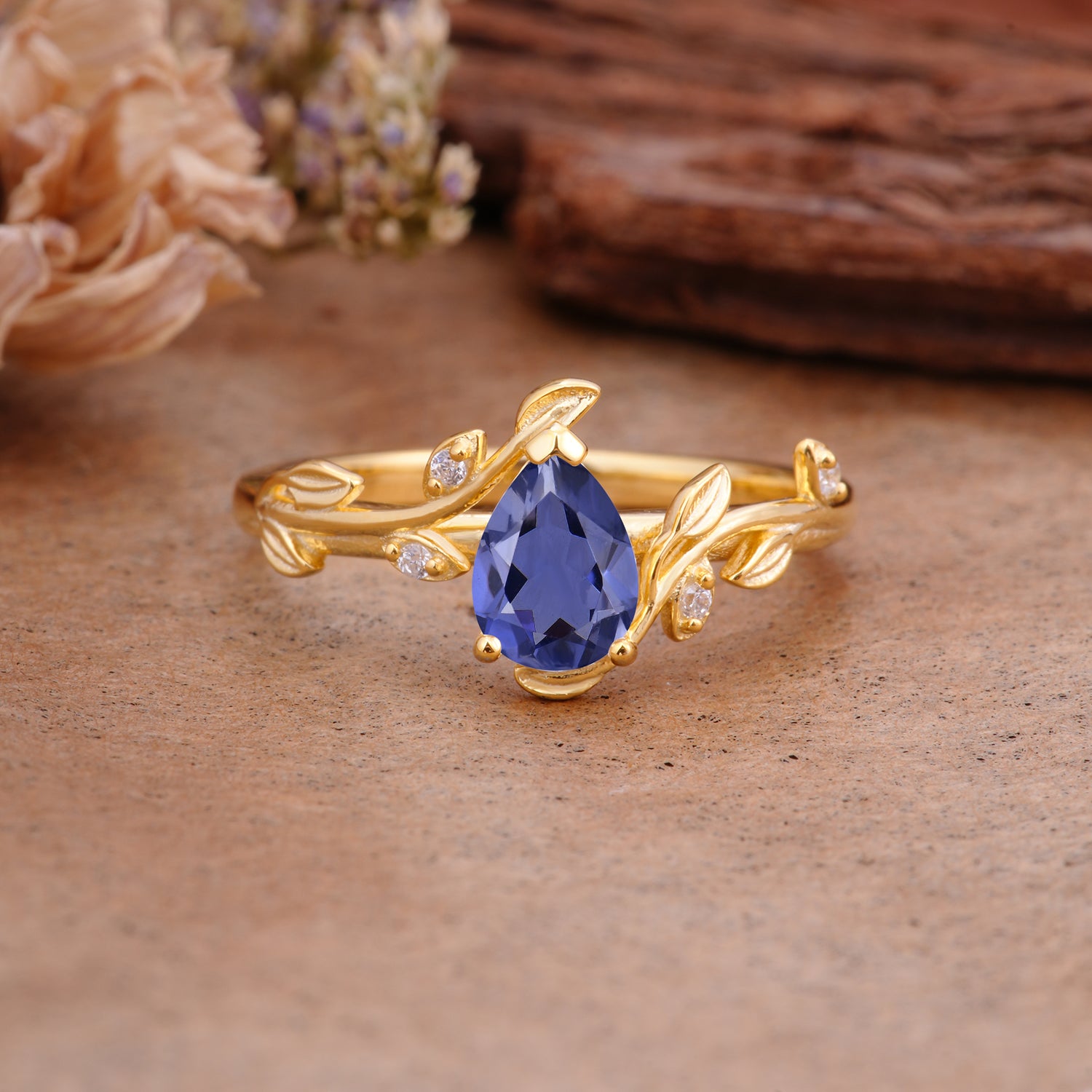 Vintage Leaf Design Pear Shaped Tanzanite Engagement Ring - Additional view