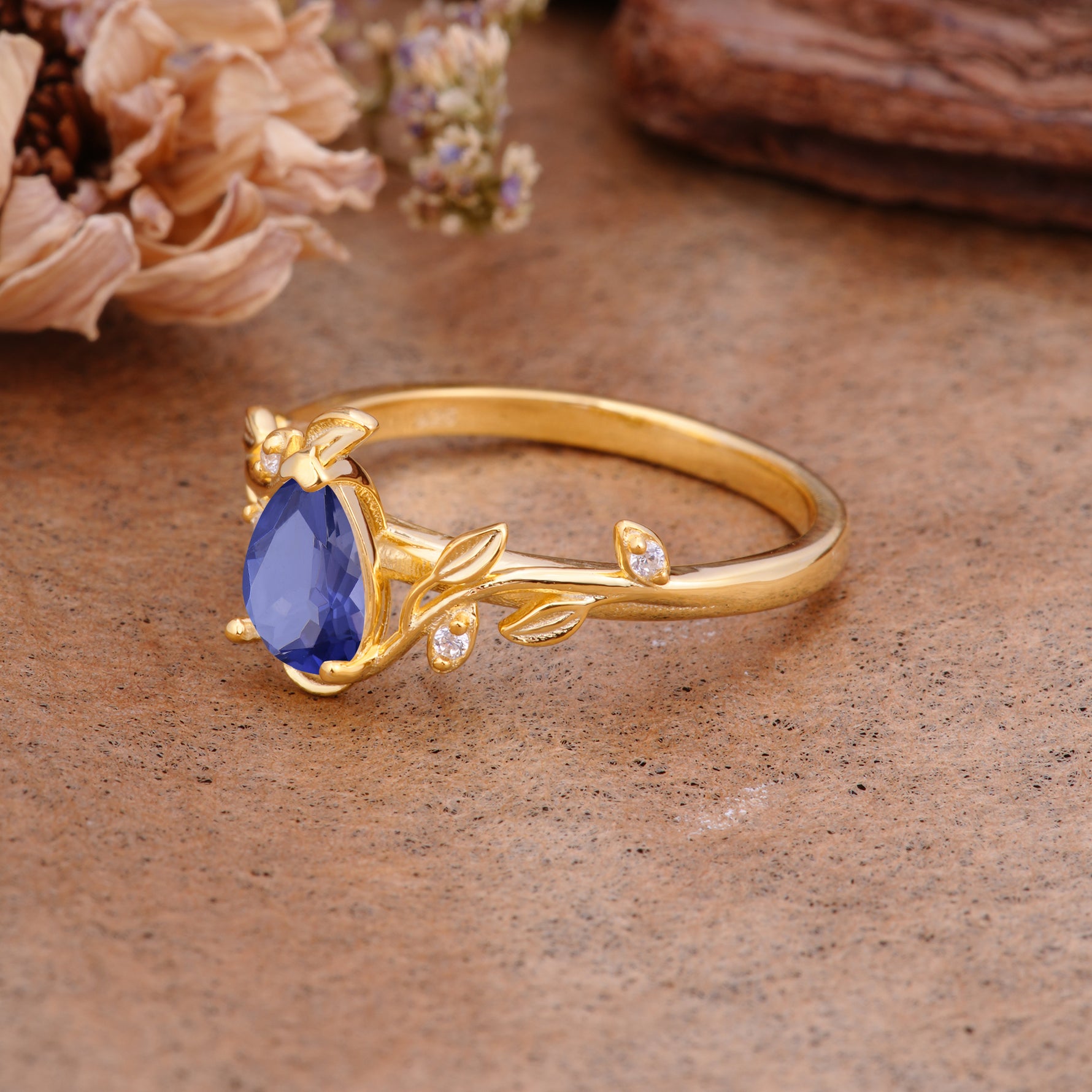 Vintage Leaf Design Pear Shaped Tanzanite Engagement Ring - Additional view