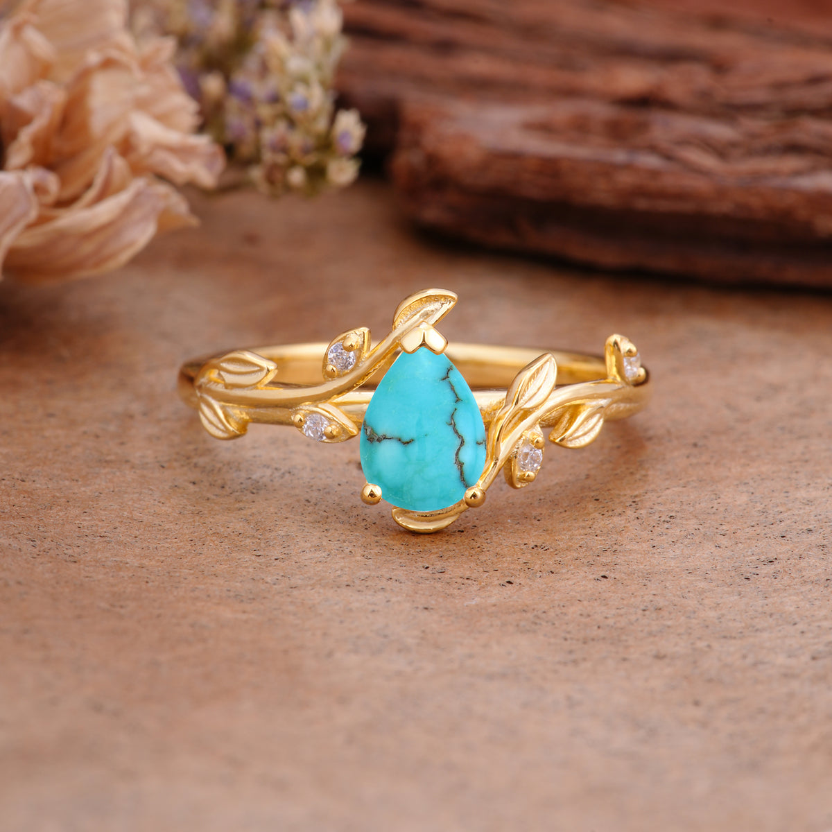 Vintage Leaf Design Pear Shaped Turquoise Engagement Ring - Additional view
