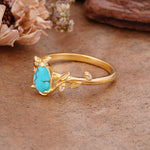 Vintage Leaf Design Pear Shaped Turquoise Engagement Ring - Additional view