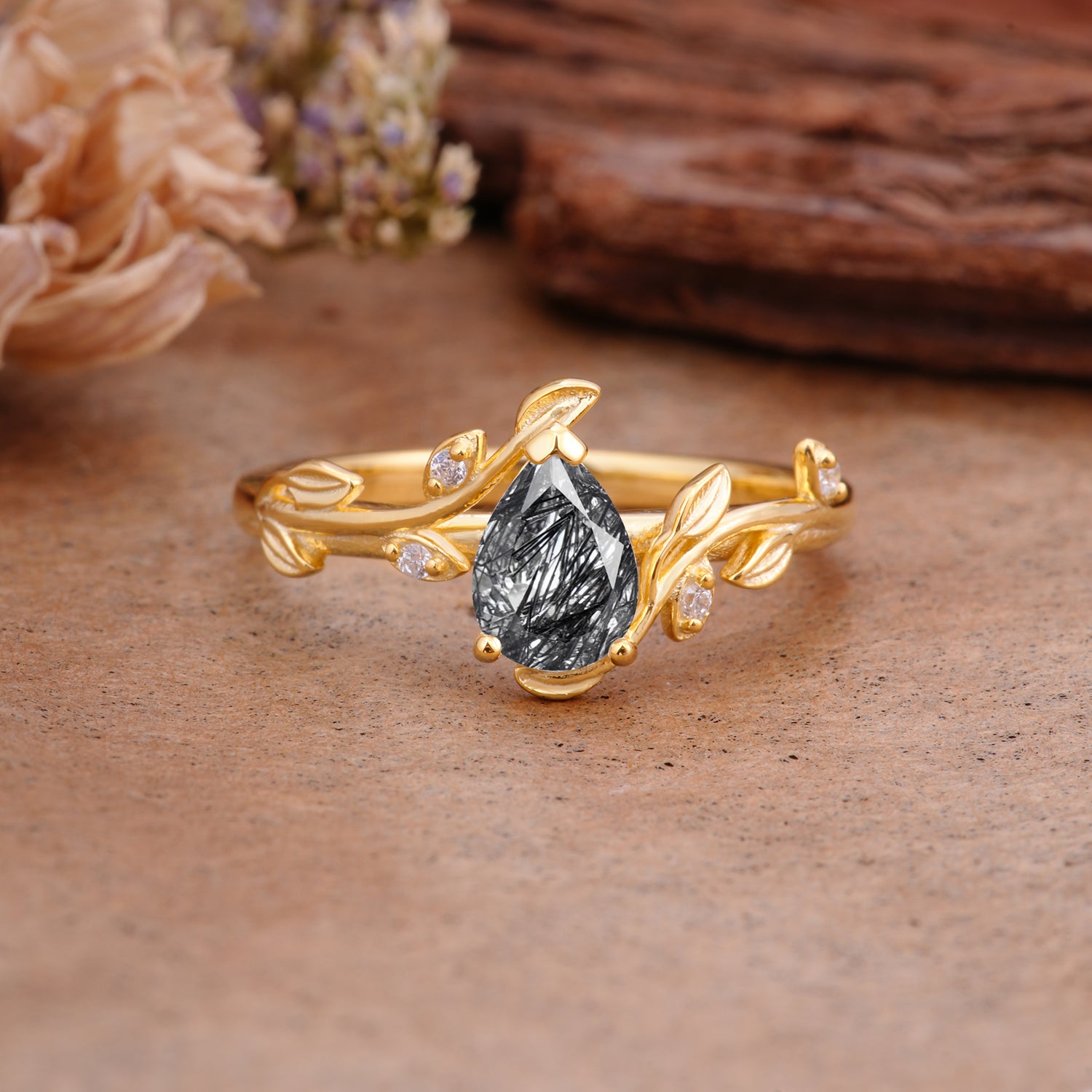 Vintage Leaf Design Pear Shaped Black Rutilated Quartz Engagement Ring - Additional view