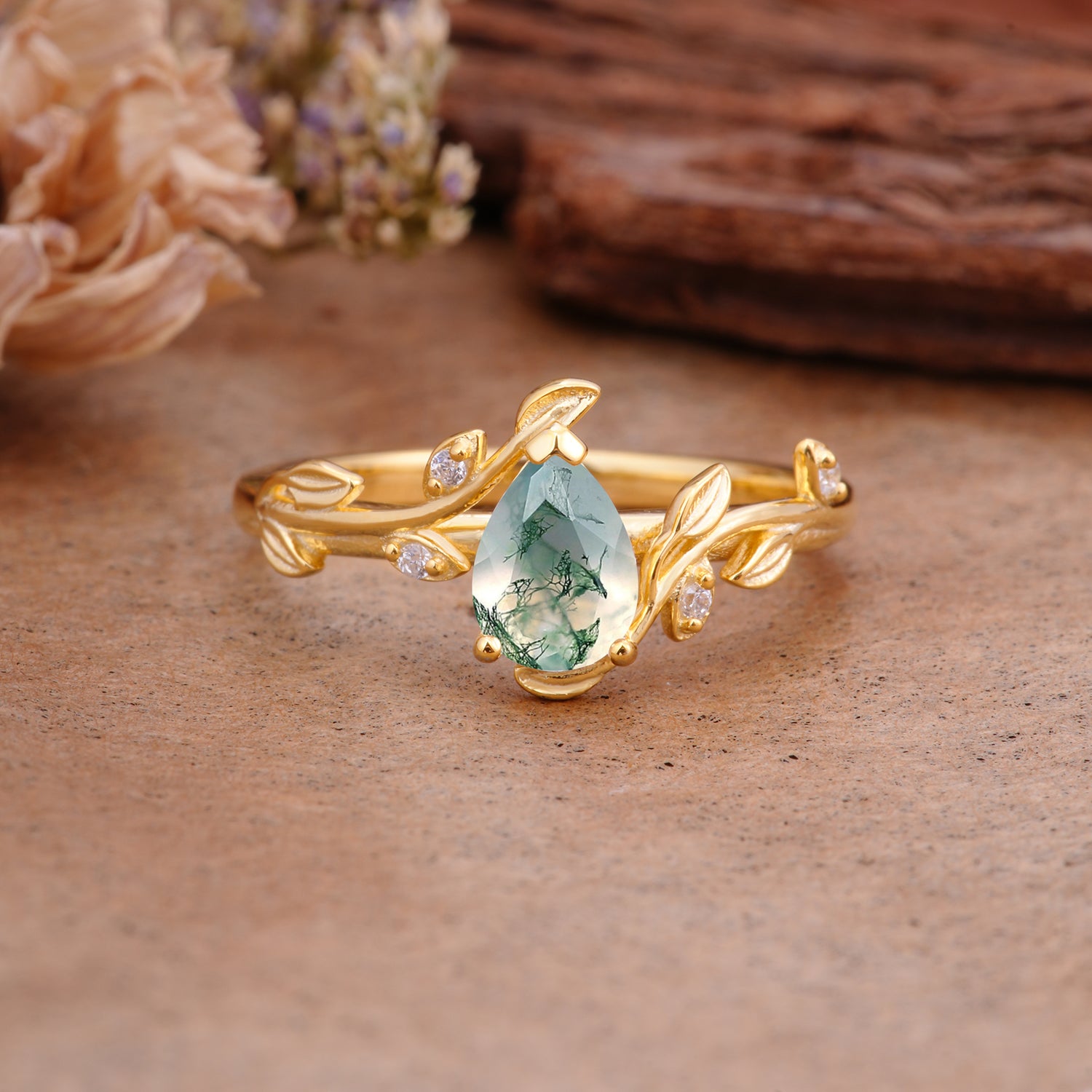 Vintage Leaf Design Pear Shaped Moss Agate Engagement Ring - Additional view