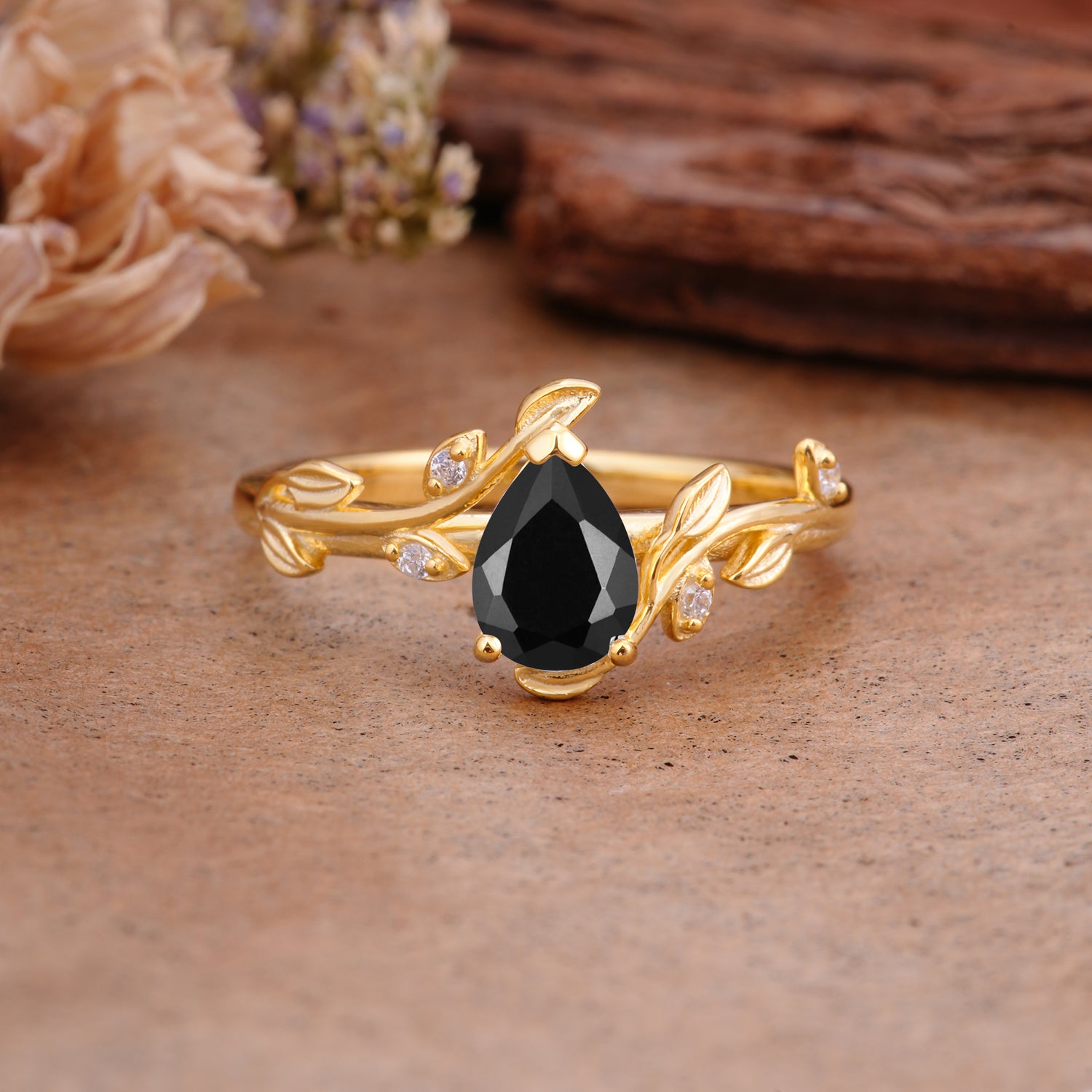 Vintage Leaf Design Pear Shaped Black Onyx Engagement Ring - Additional view