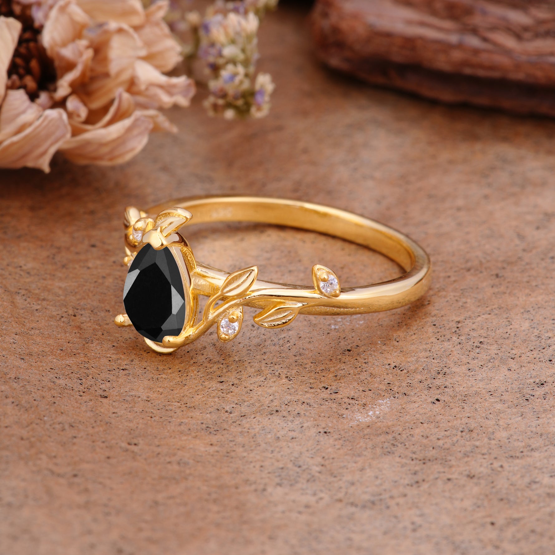 Vintage Leaf Design Pear Shaped Black Onyx Engagement Ring - Additional view