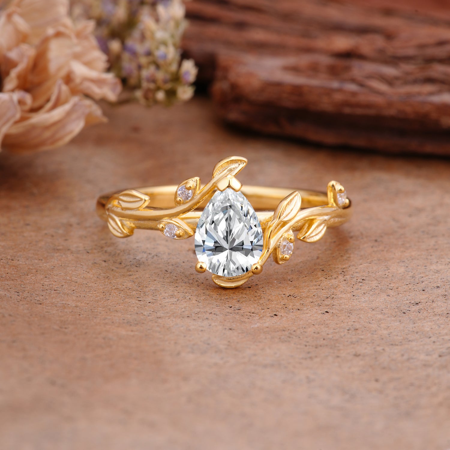 Vintage Leaf Design Pear Shaped Lab Diamond Engagement Ring - Additional view