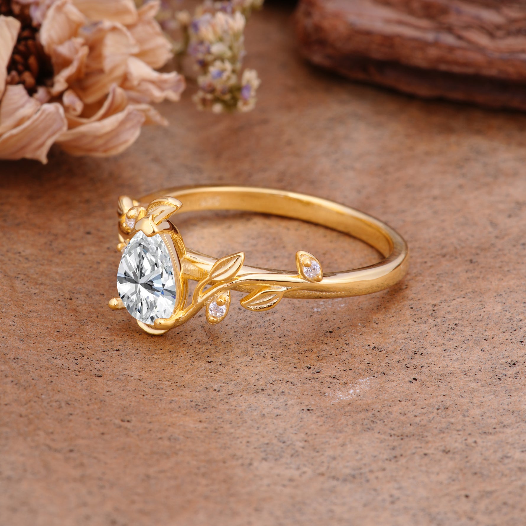 Vintage Leaf Design Pear Shaped Lab Diamond Engagement Ring - Additional view