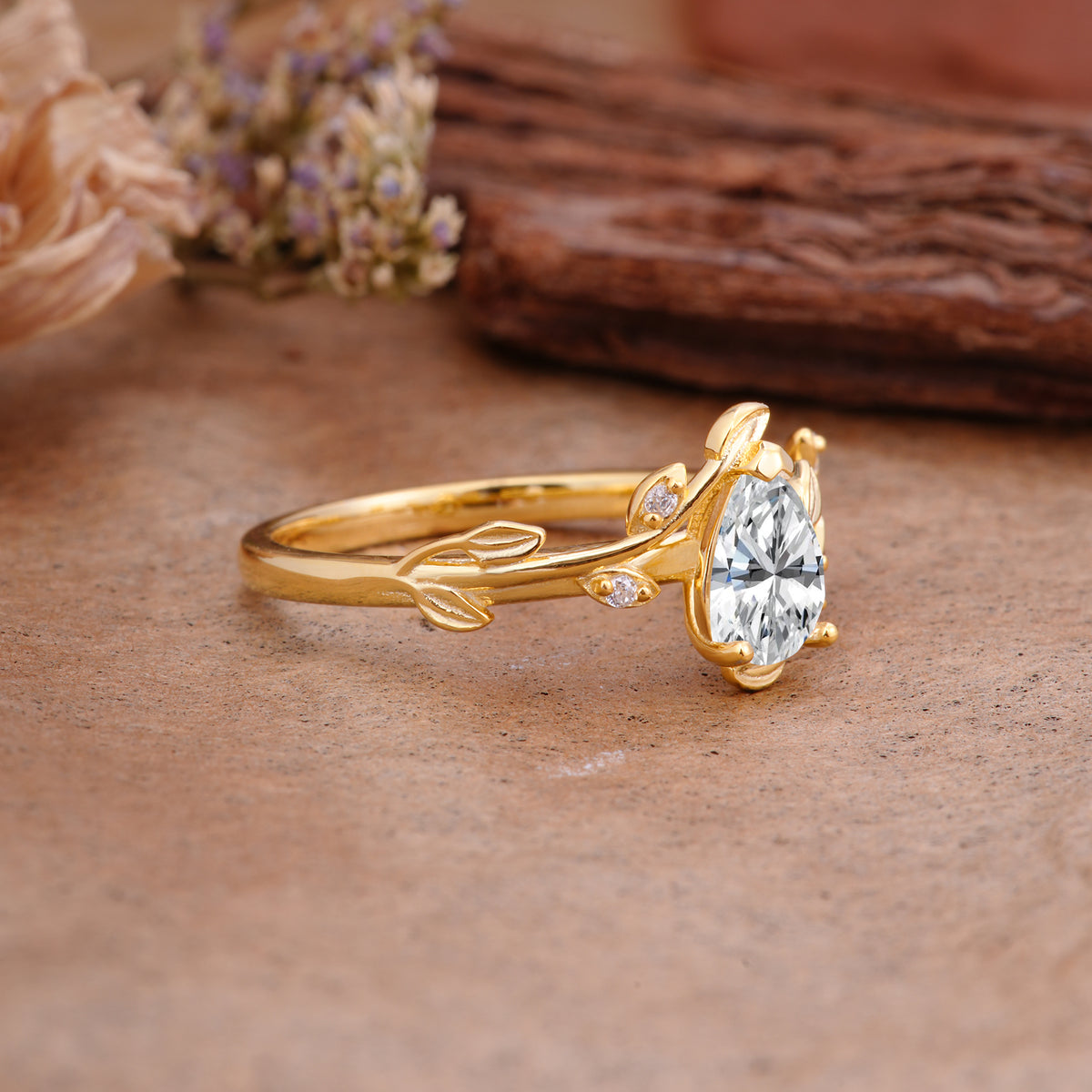 Vintage Leaf Design Pear Shaped Lab Diamond Engagement Ring - Additional view
