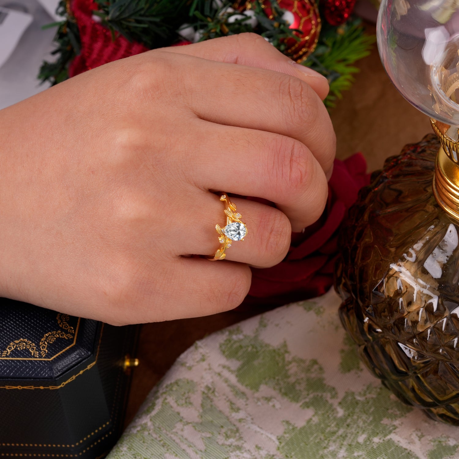 Vintage Leaf Design Pear Shaped Moissanite Engagement Ring
