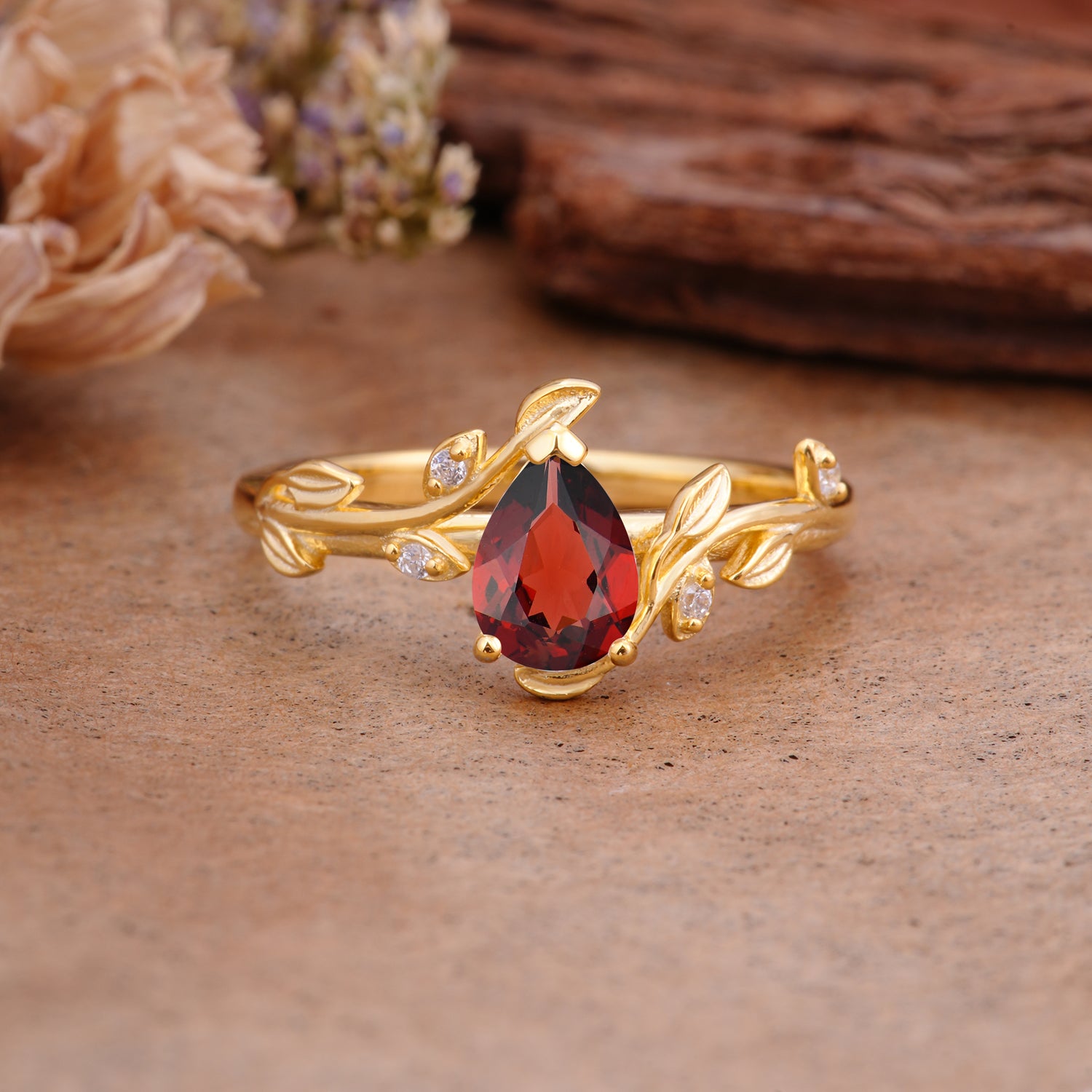 Vintage Leaf Design Pear Shaped Garnet Engagement Ring - Additional view