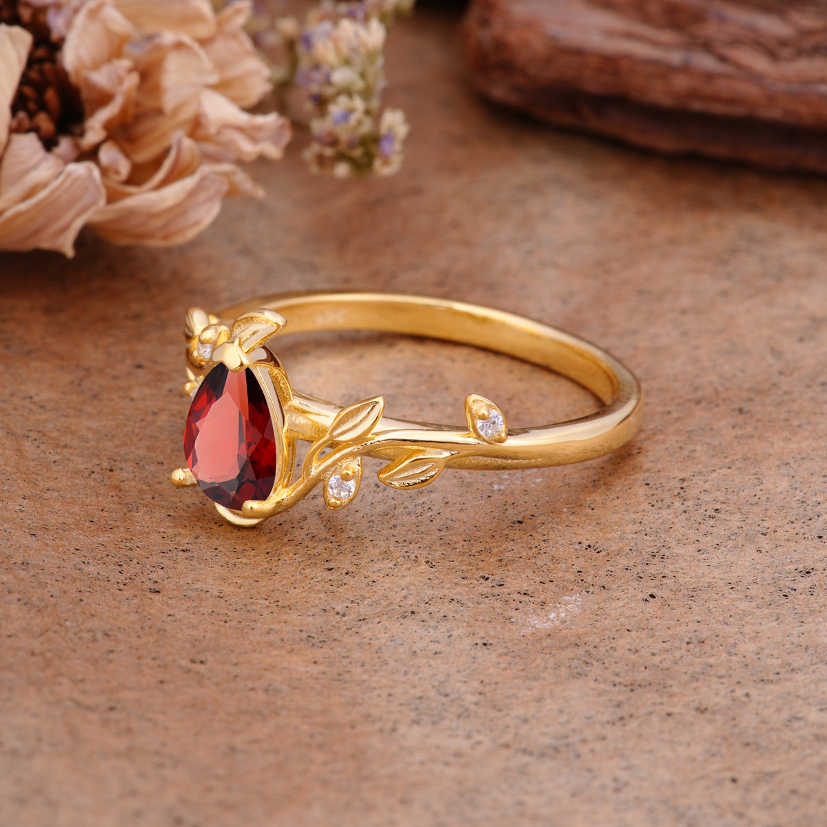 Vintage Leaf Design Pear Shaped Garnet Engagement Ring - Additional view