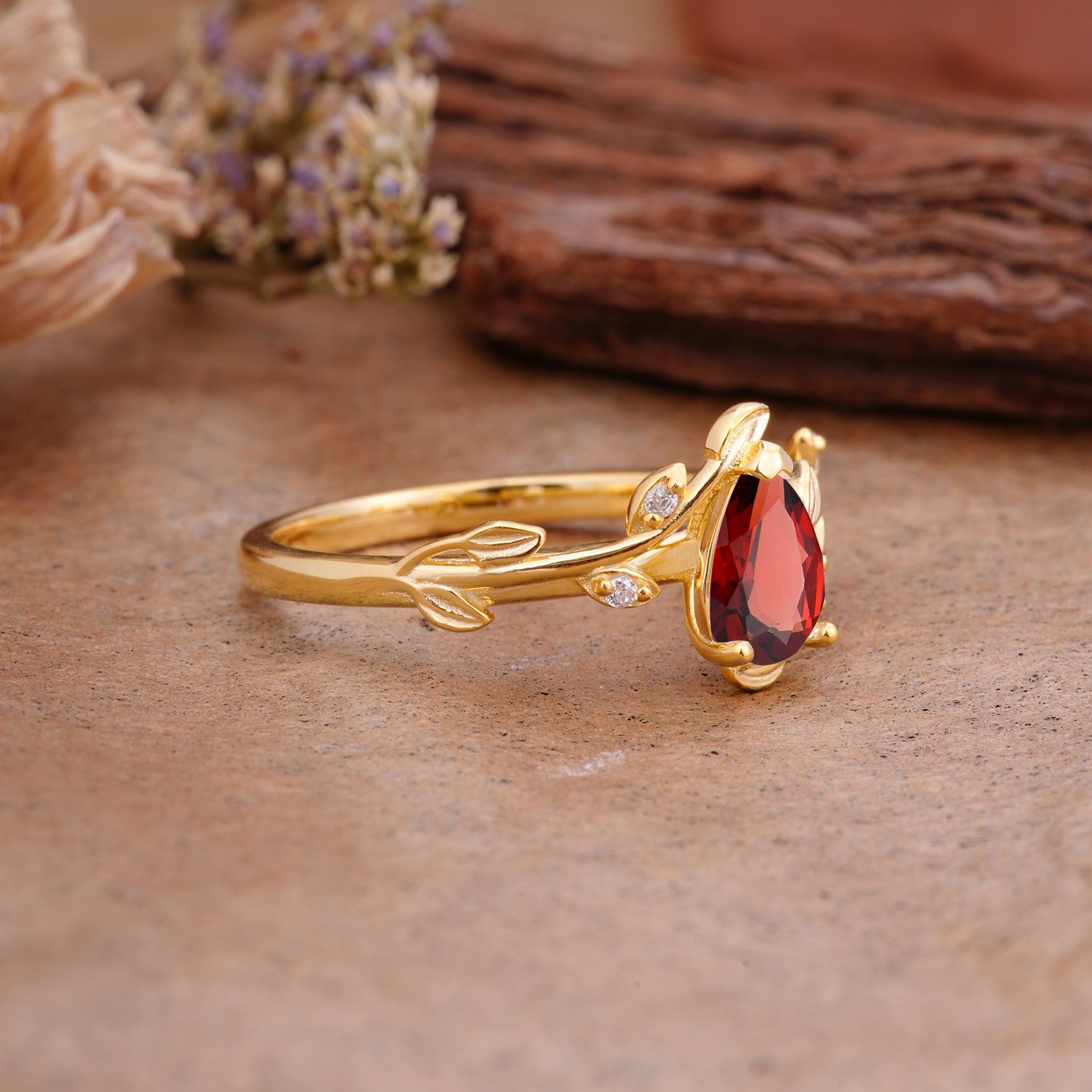 Vintage Leaf Design Pear Shaped Garnet Engagement Ring - Additional view