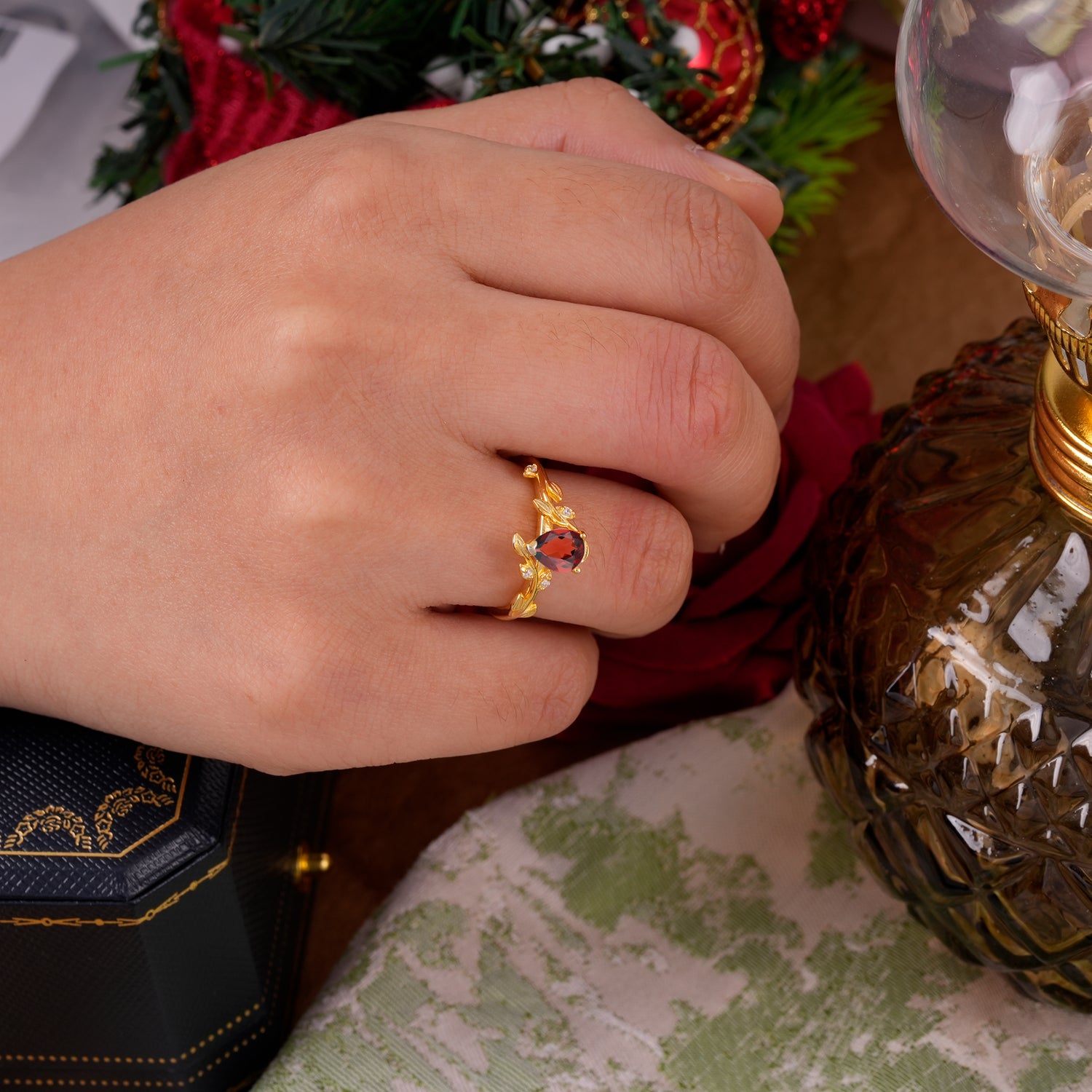 Vintage Leaf Design Pear Shaped Garnet Engagement Ring