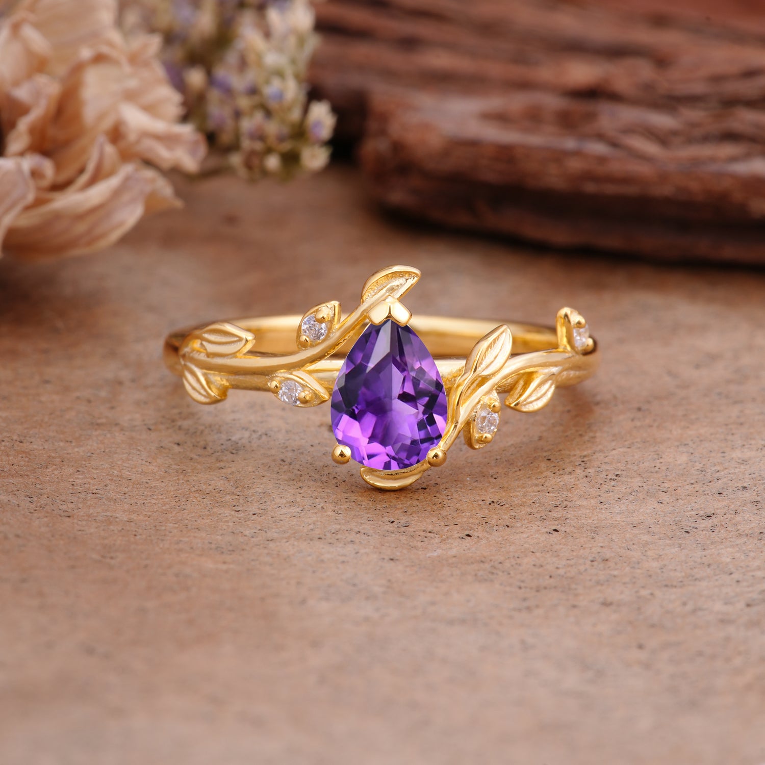 Vintage Leaf Design Pear Shaped Amethyst Engagement Ring - Additional view