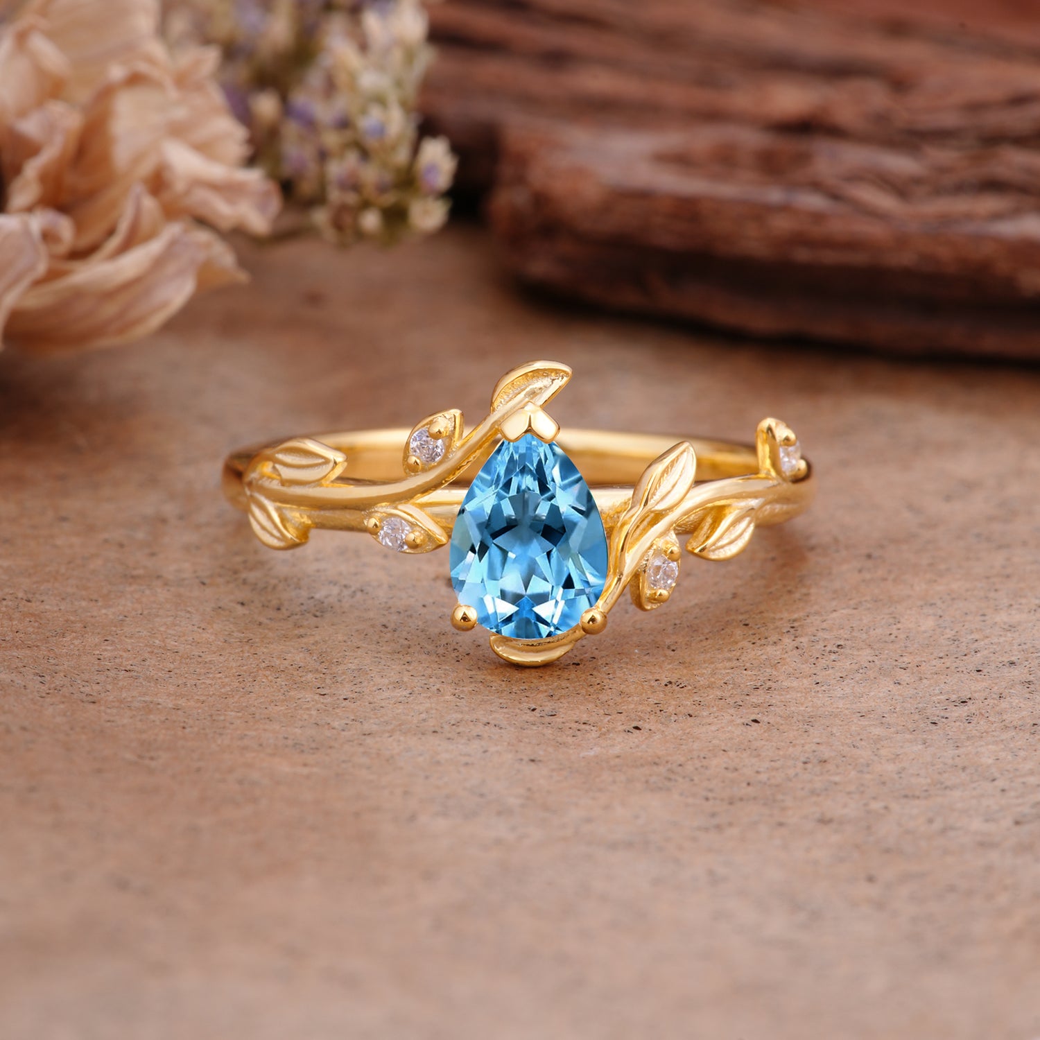 Vintage Leaf Design Pear Shaped Aquamarine Engagement Ring - Additional view