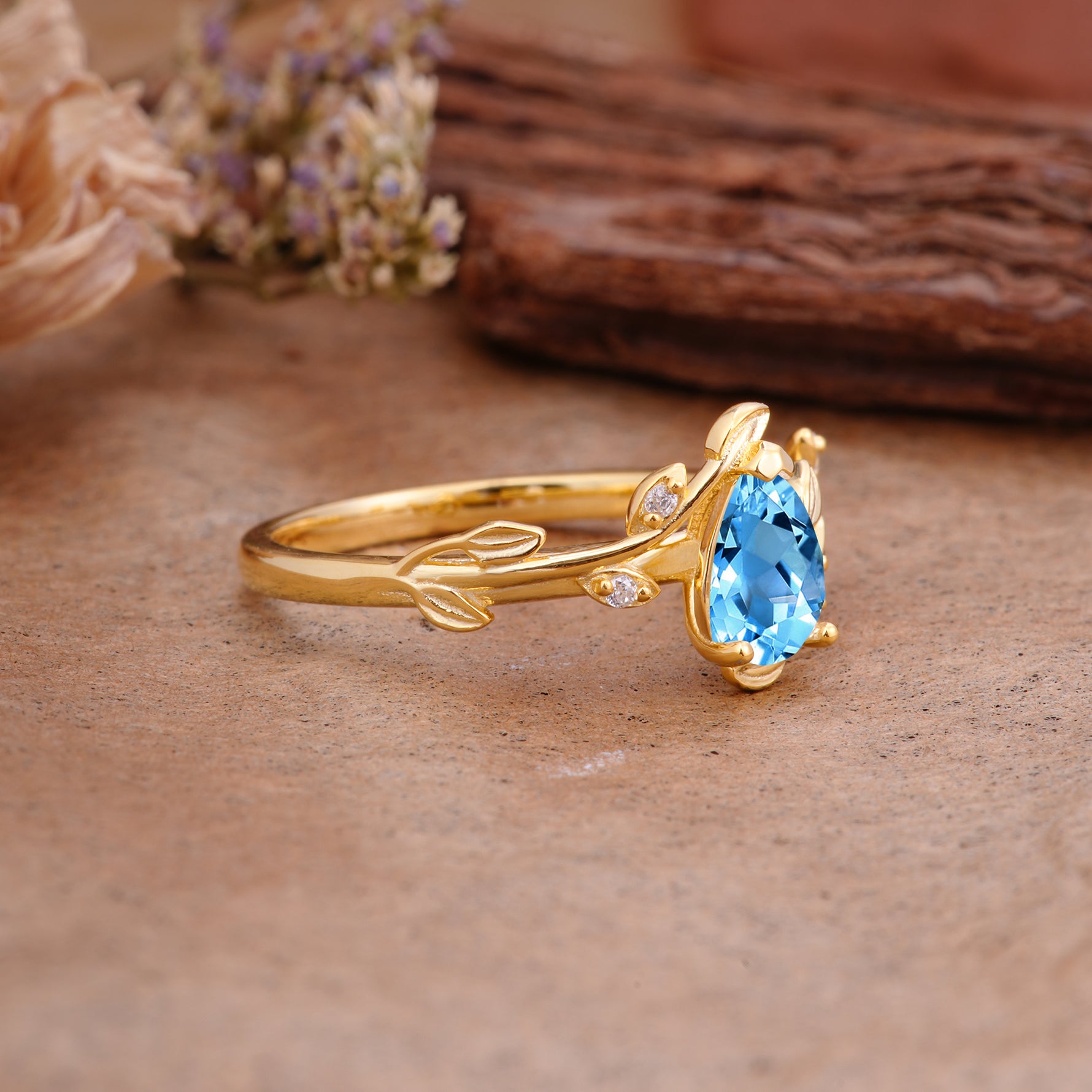 Vintage Leaf Design Pear Shaped Aquamarine Engagement Ring - Additional view