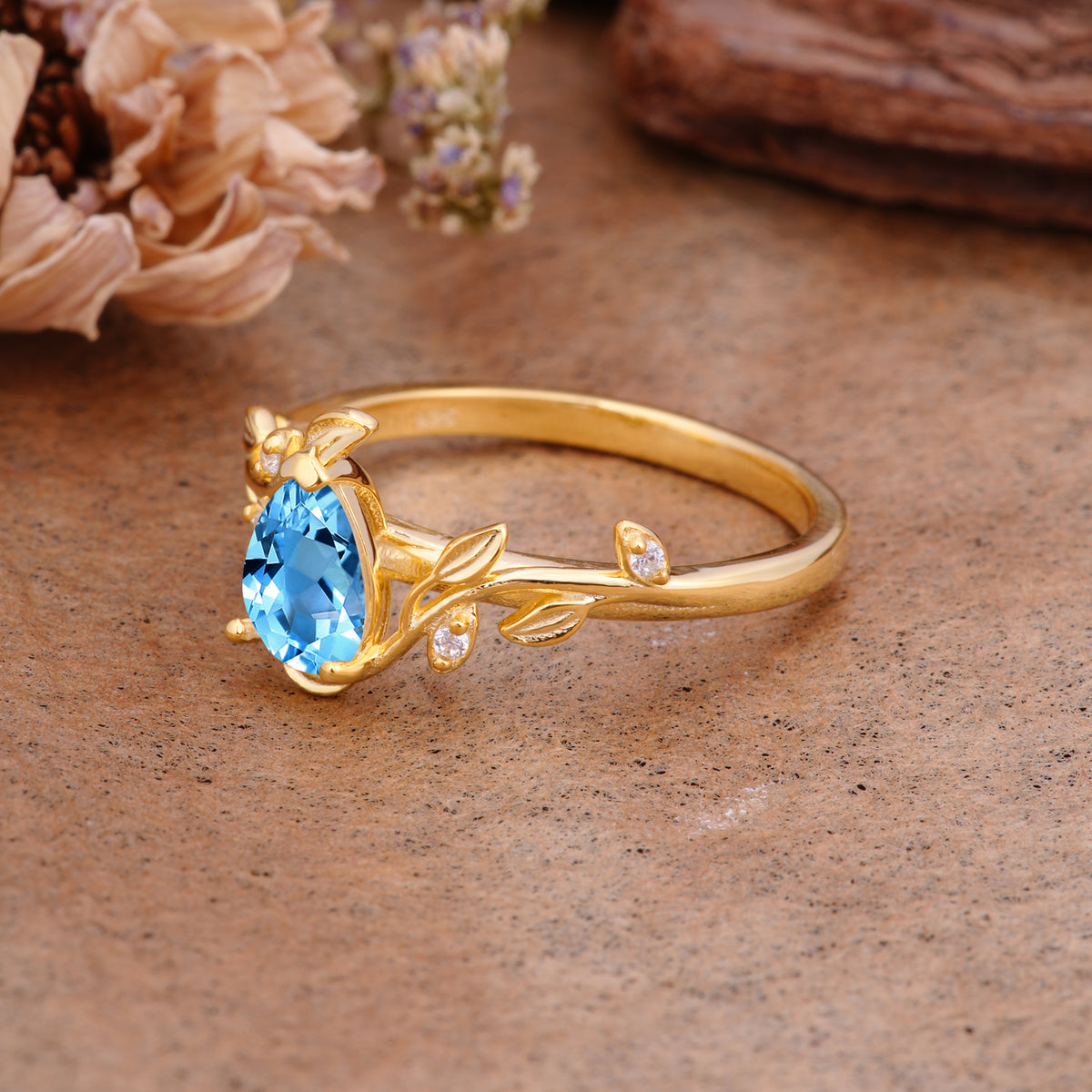 Vintage Leaf Design Pear Shaped Aquamarine Engagement Ring - Additional view