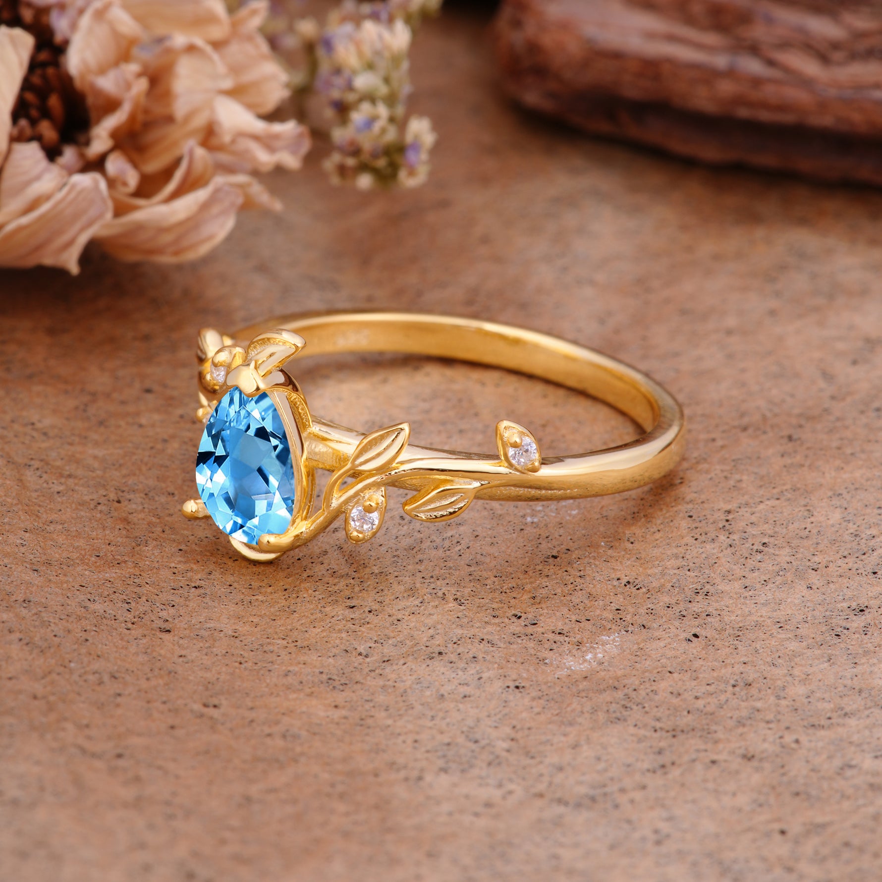 Vintage Leaf Design Pear Shaped Aquamarine Engagement Ring - Additional view