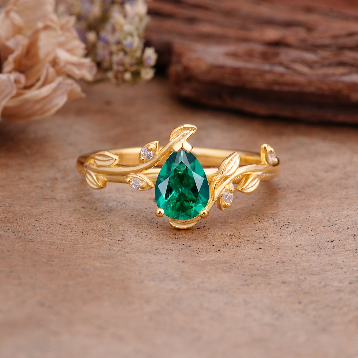 Vintage Leaf Design Pear Shaped Emerald Engagement Ring