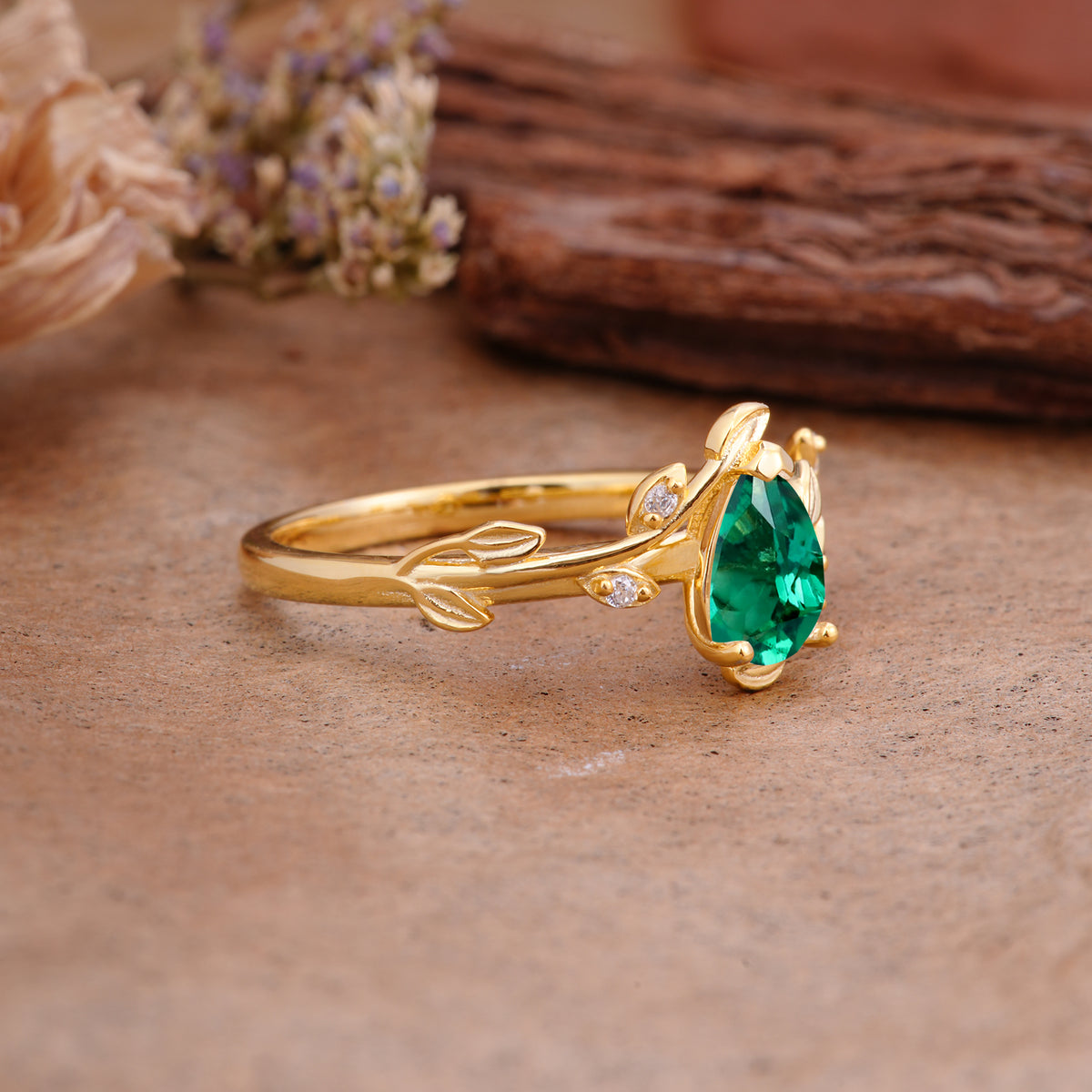 Vintage Leaf Design Pear Shaped Emerald Engagement Ring - Additional view