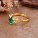 Vintage Leaf Design Pear Shaped Emerald Engagement Ring - Additional view