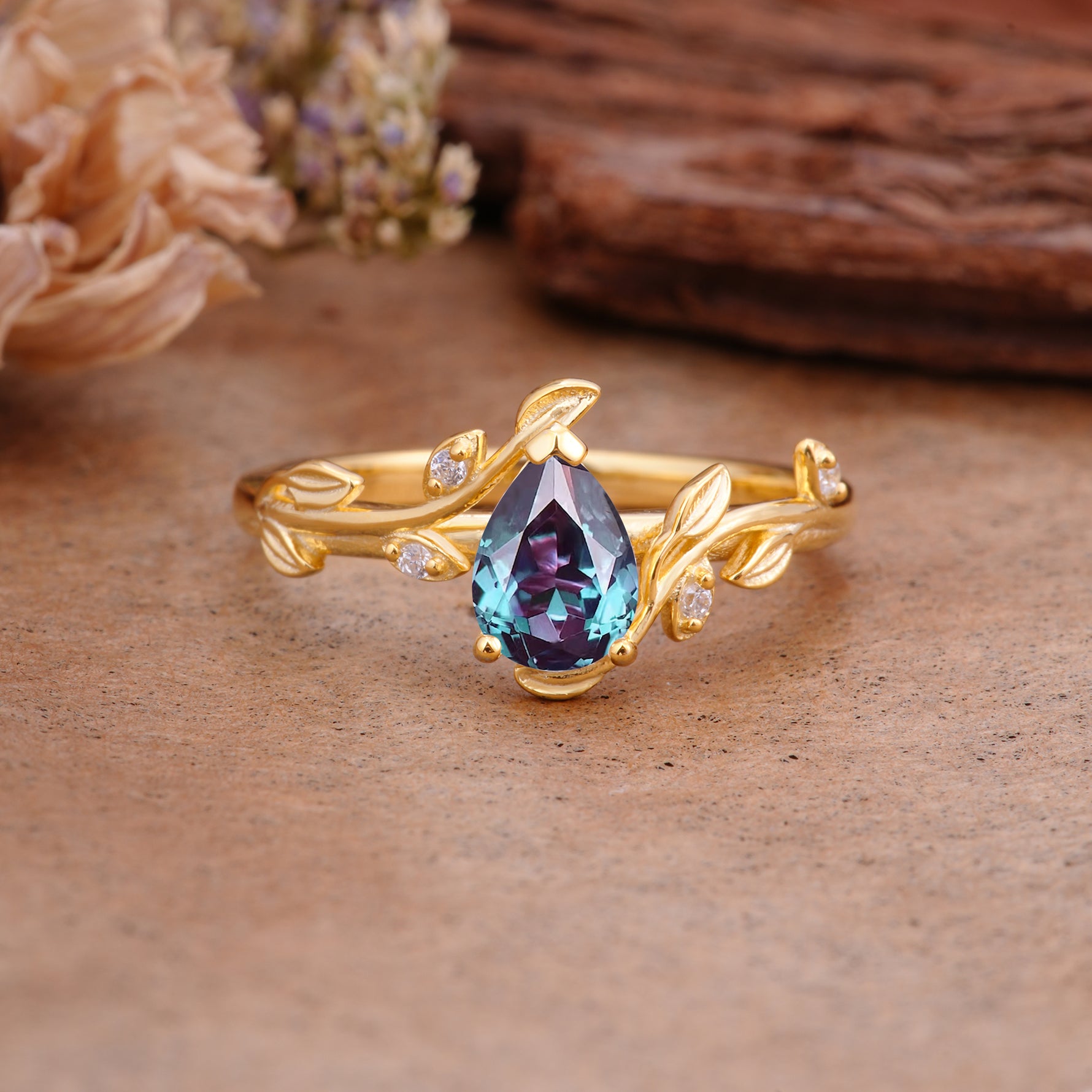 Vintage Leaf Design Pear Shaped Alexandrite Engagement Ring - Additional view