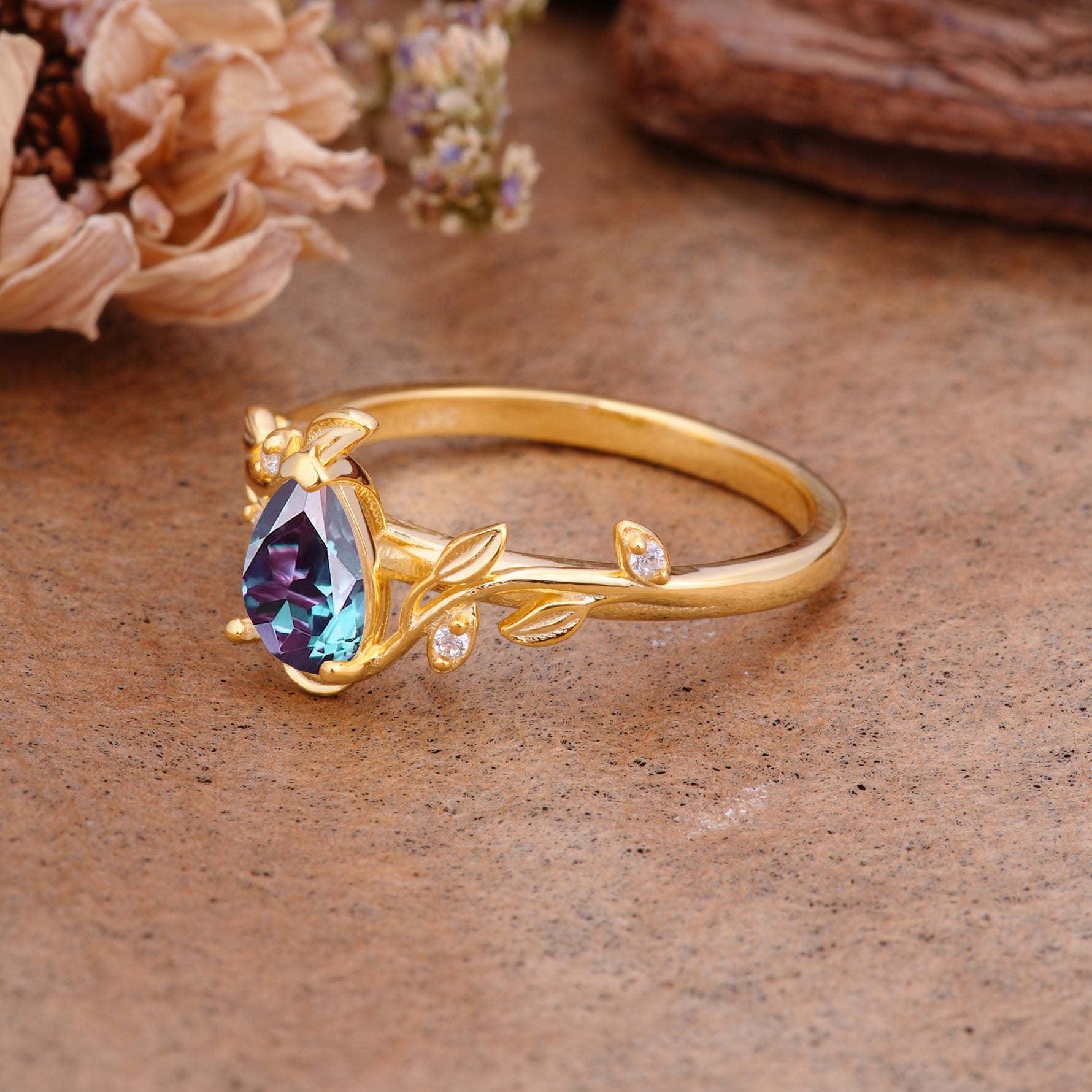 Vintage Leaf Design Pear Shaped Alexandrite Engagement Ring - Additional view