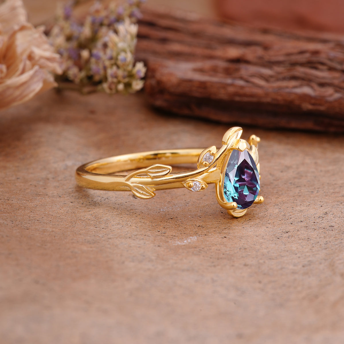 Vintage Leaf Design Pear Shaped Alexandrite Engagement Ring - Additional view
