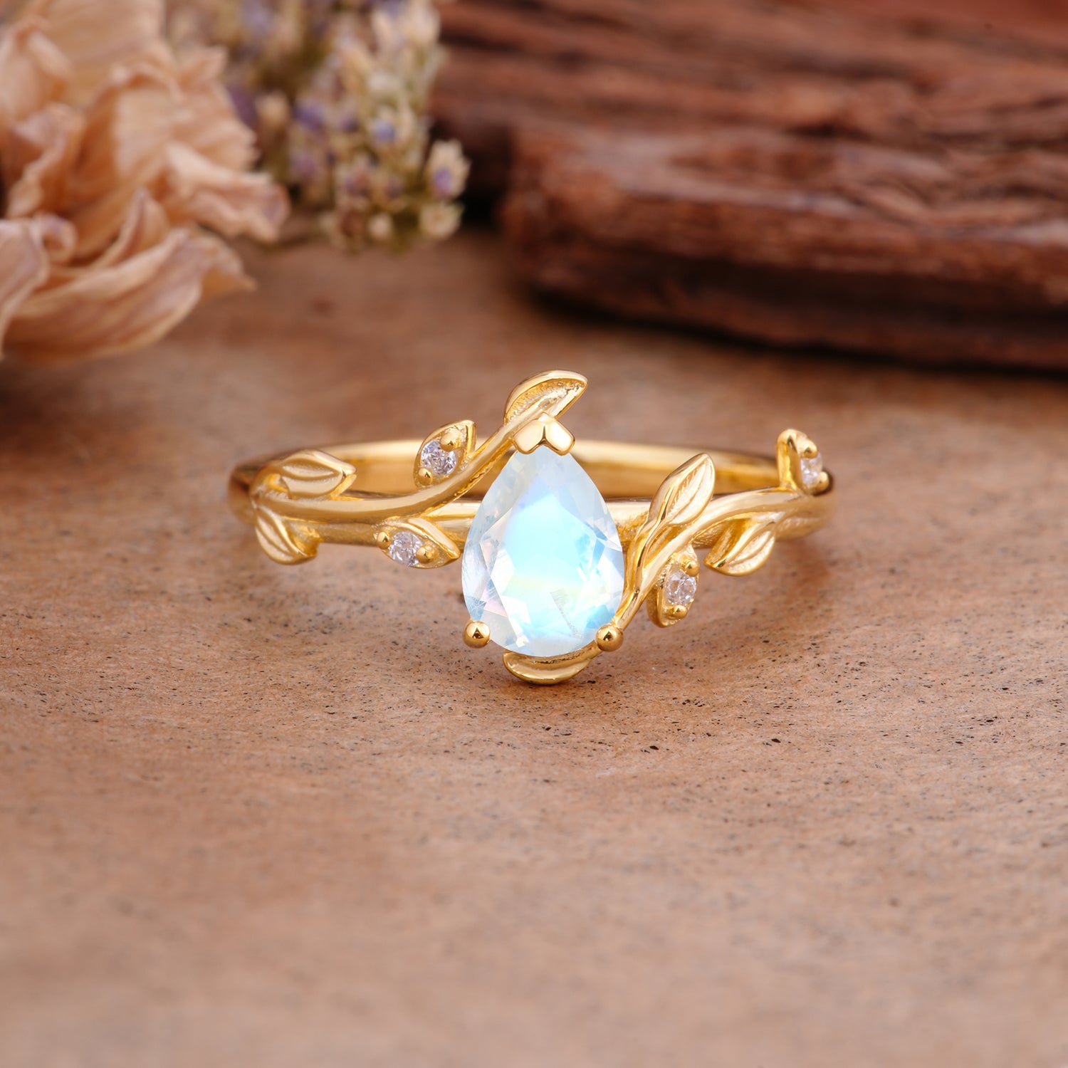 Vintage Leaf Design Pear Shaped Moonstone Engagement Ring - Additional view
