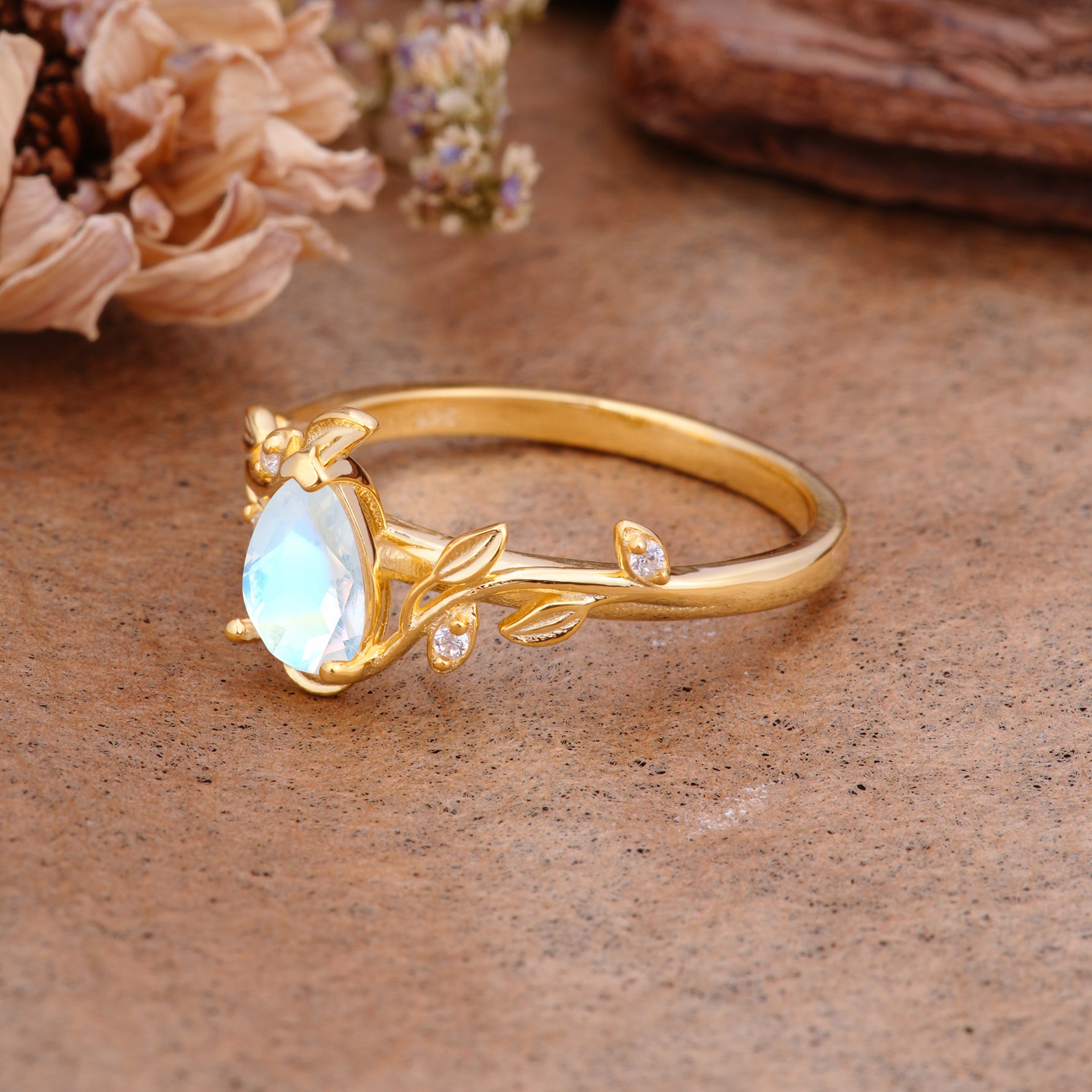 Vintage Leaf Design Pear Shaped Moonstone Engagement Ring - Additional view