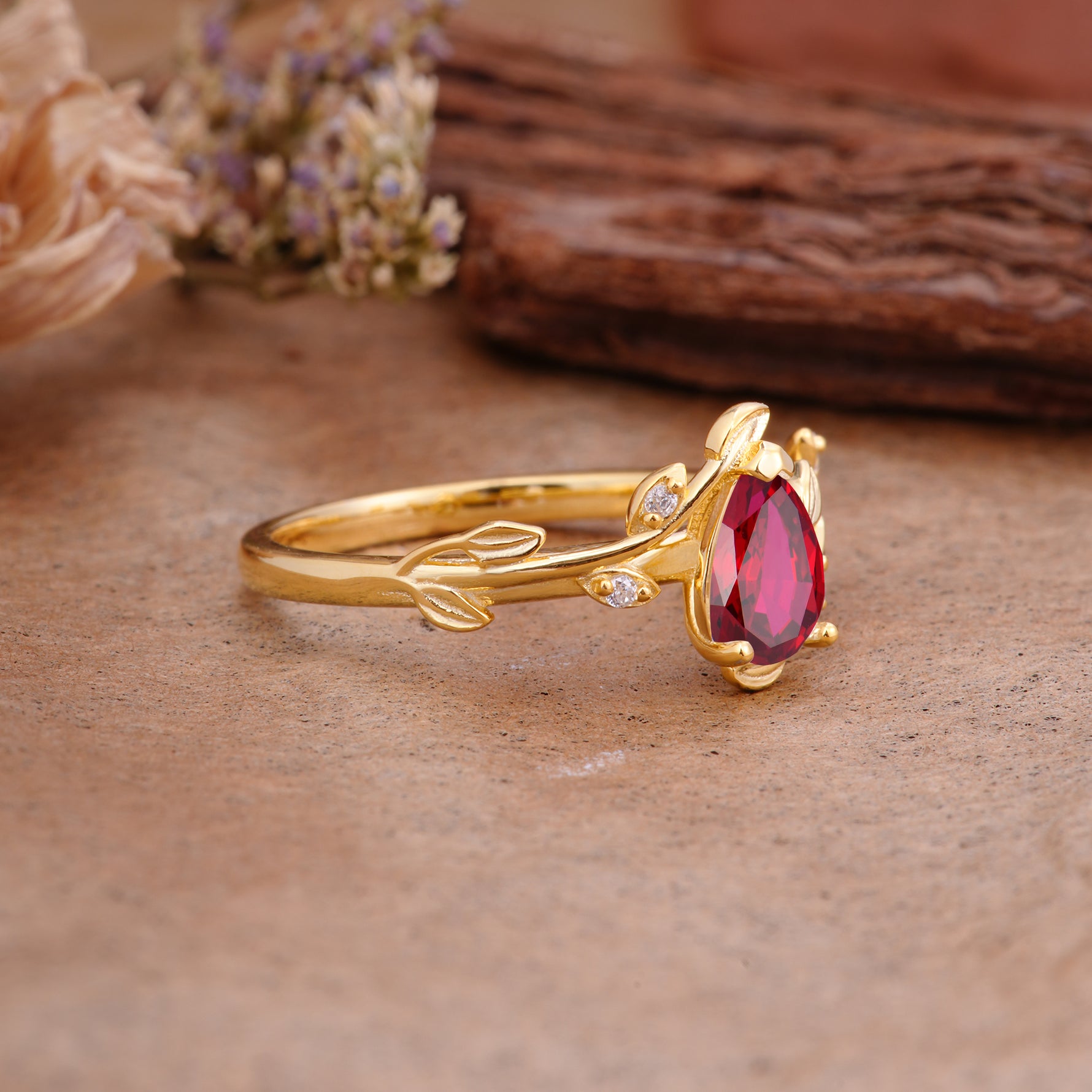 Vintage Leaf Design Pear Shaped Ruby Engagement Ring - Additional view