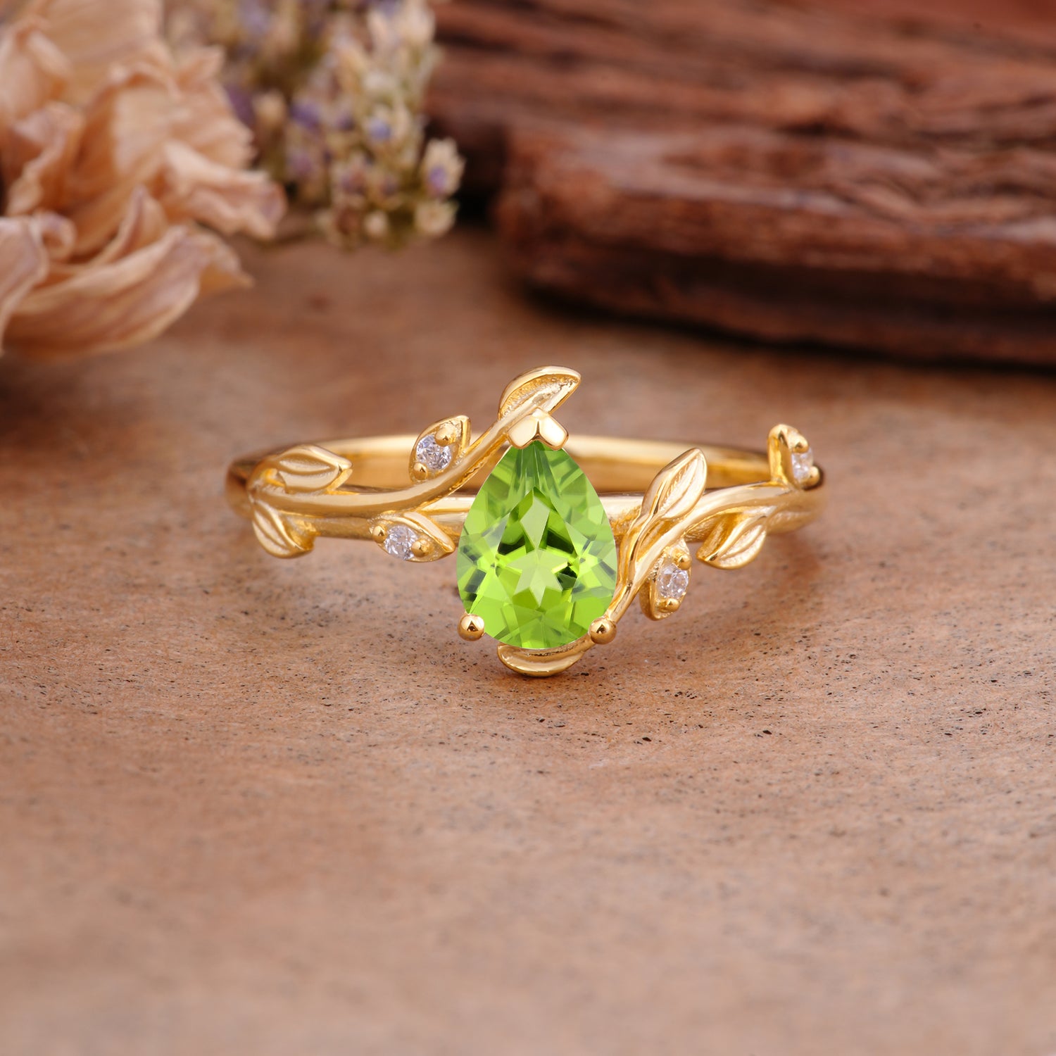 Vintage Leaf Design Pear Shaped Peridot Engagement Ring - Additional view