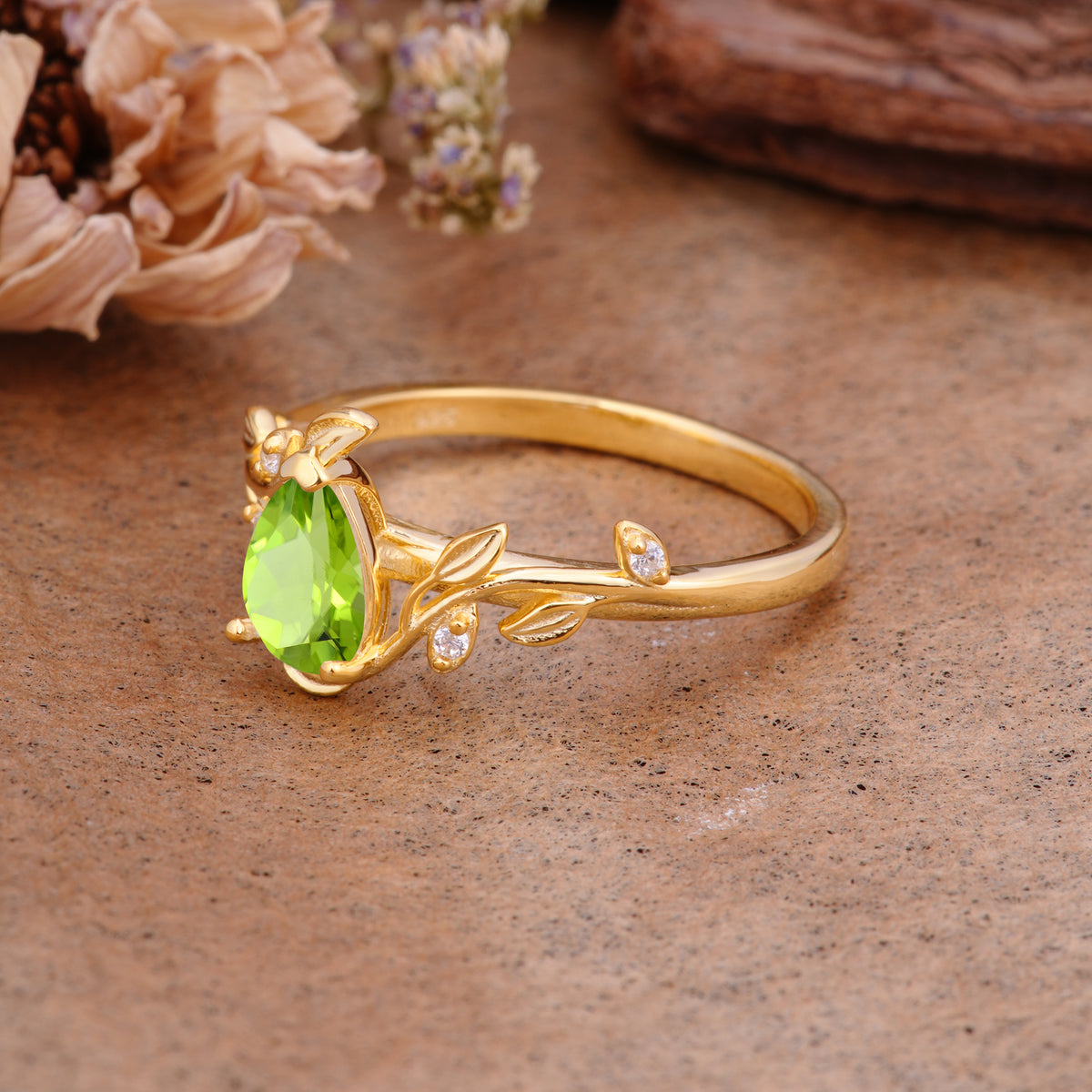 Vintage Leaf Design Pear Shaped Peridot Engagement Ring - Additional view