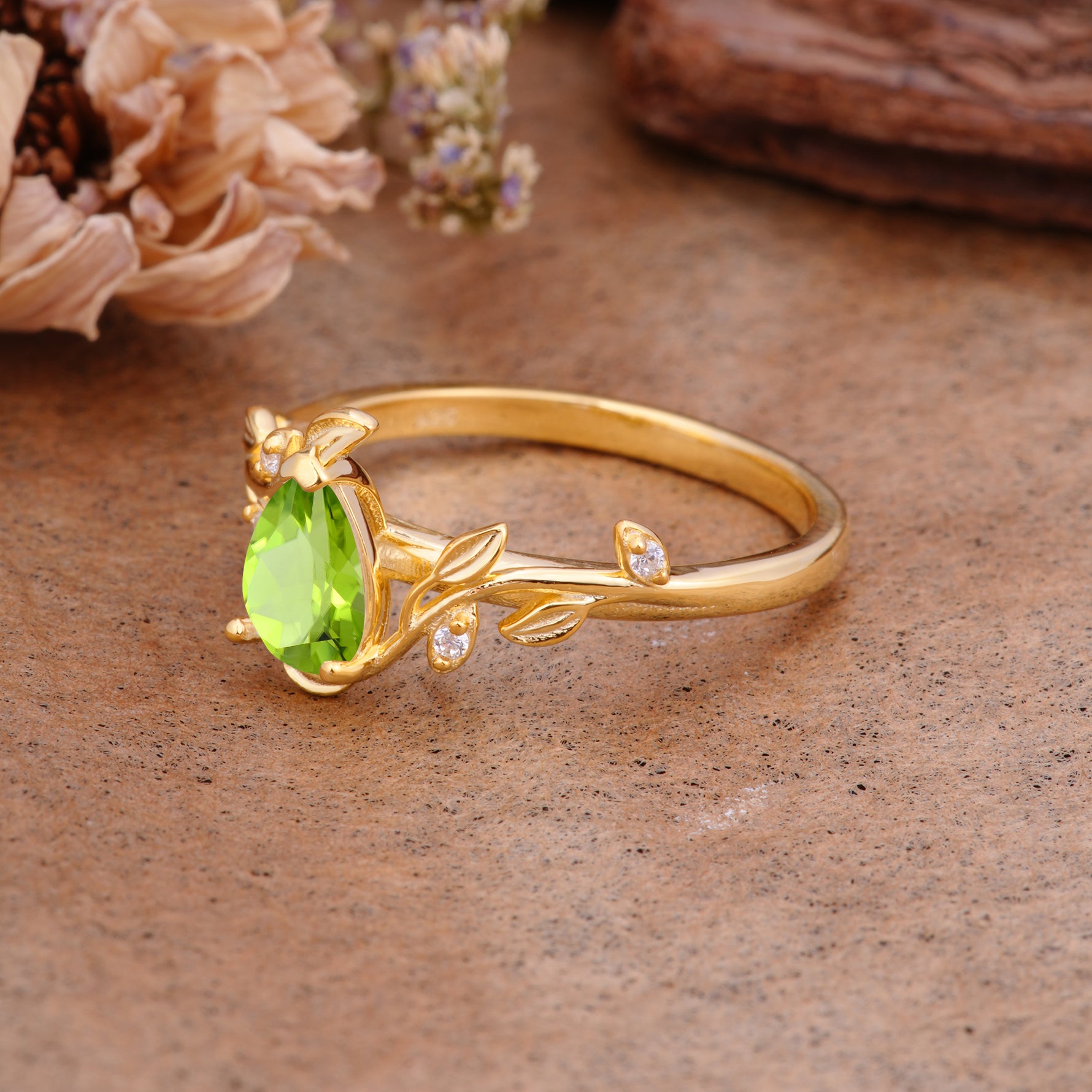 Vintage Leaf Design Pear Shaped Peridot Engagement Ring - Additional view