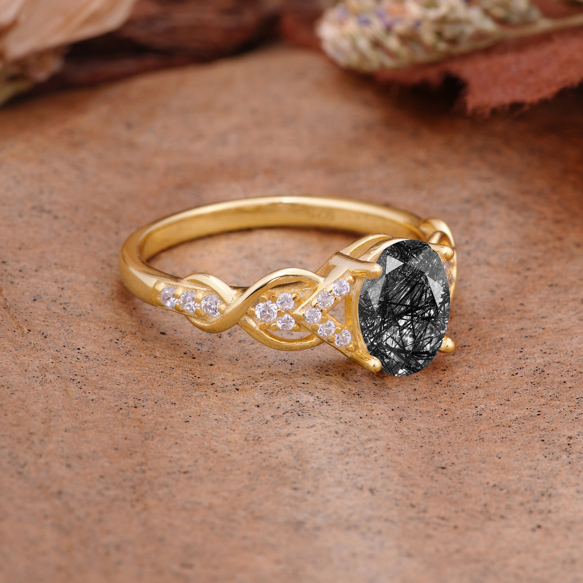 SR17022 Black Rutilated Quartz Ring - White-Gold