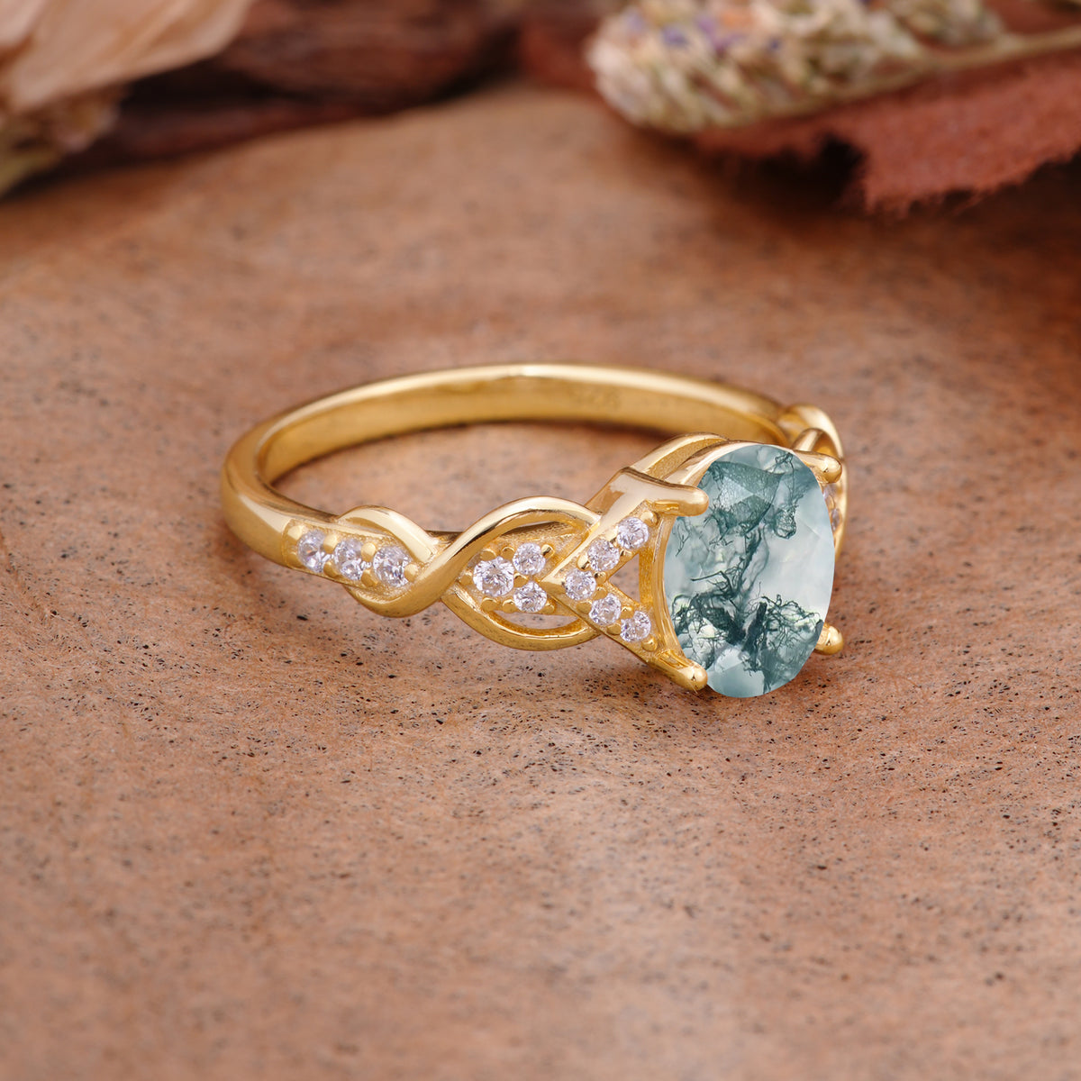 SR17022 Moss Agate Ring - White-Gold