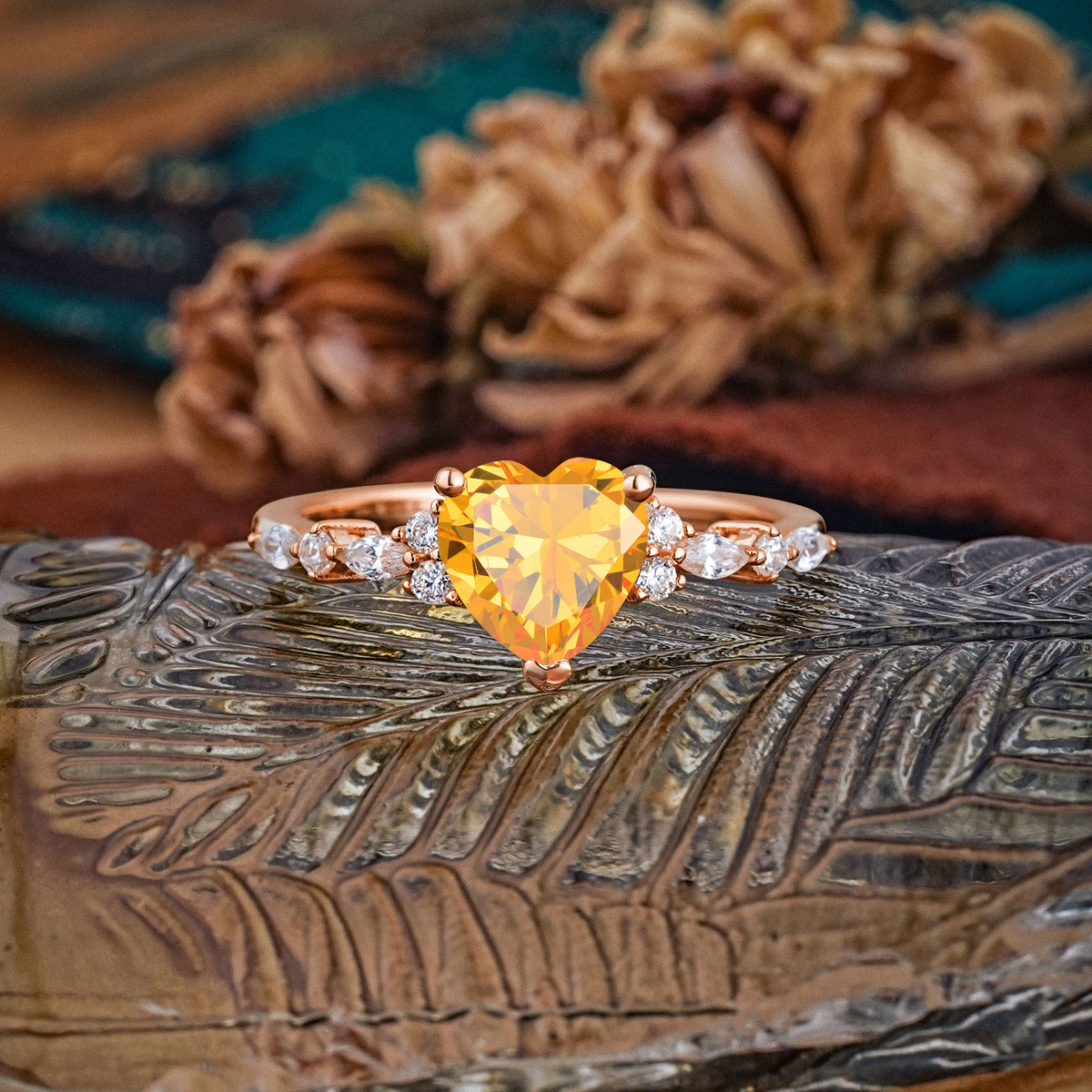 Heart Cut Citrine Vintage Pave Shank Engagement Ring - Additional view