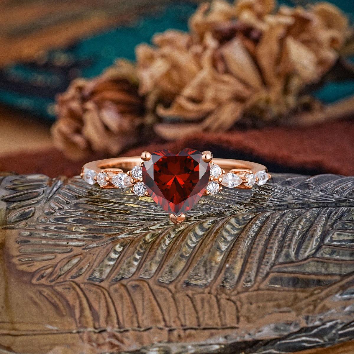 Heart Cut Garnet Vintage Pave Shank Engagement Ring - Additional view