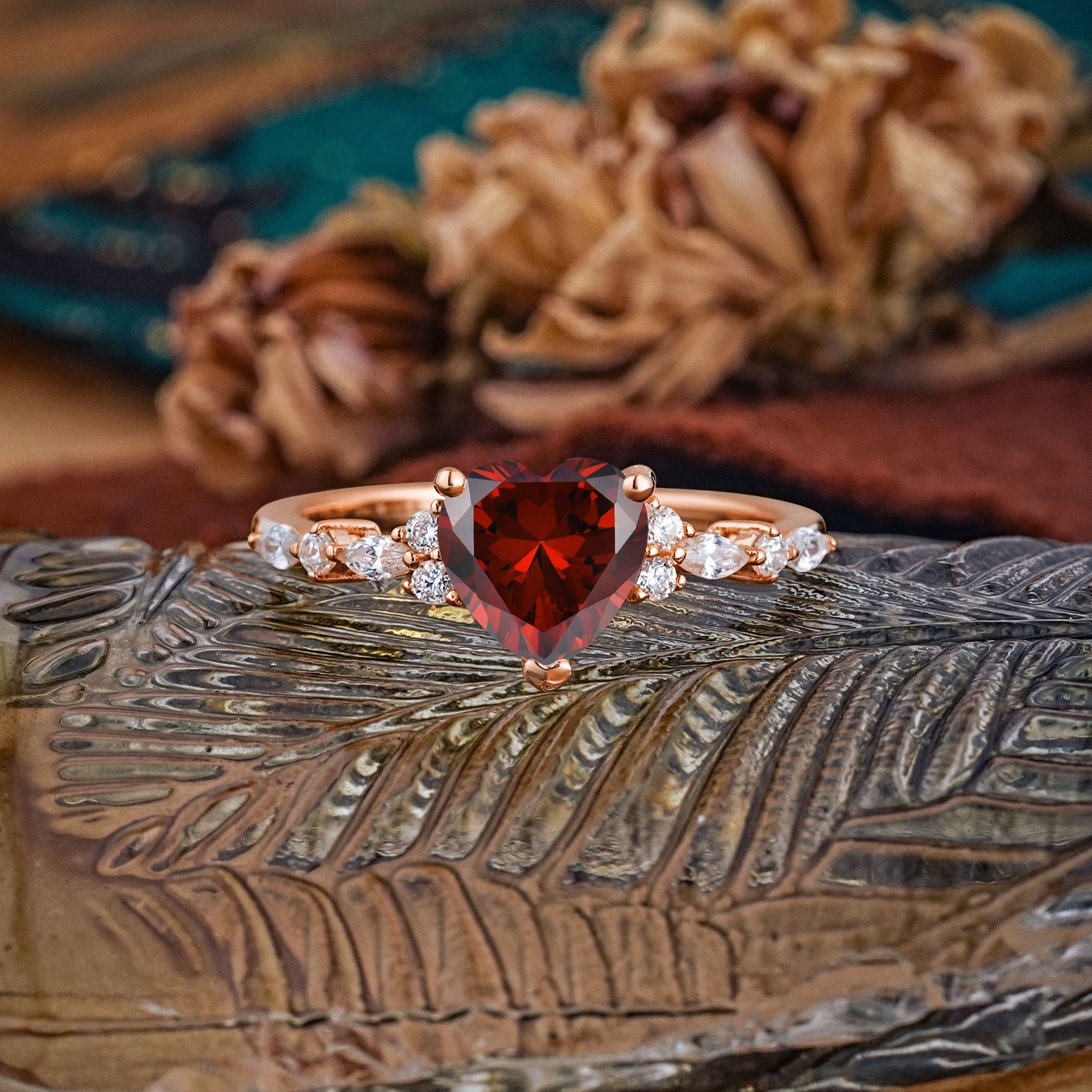 Heart Cut Garnet Vintage Pave Shank Engagement Ring - Additional view