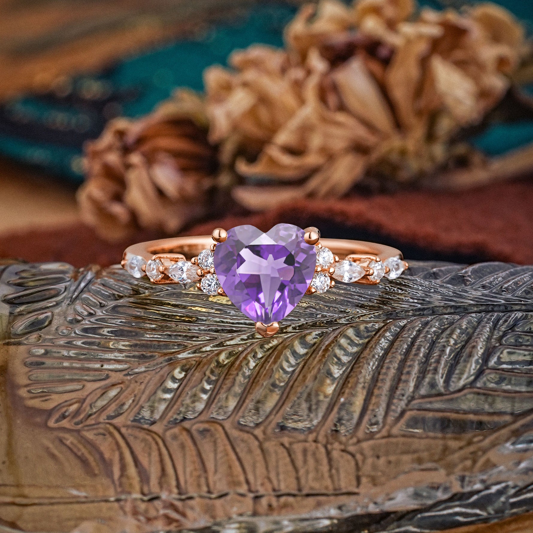 Heart Cut Amethyst Vintage Pave Shank Engagement Ring - Additional view